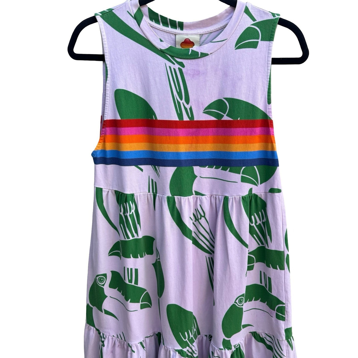Farm Rio Toucan Rainbow Stripe Tropical Tiered Midi Dress Lavender Womens Size S