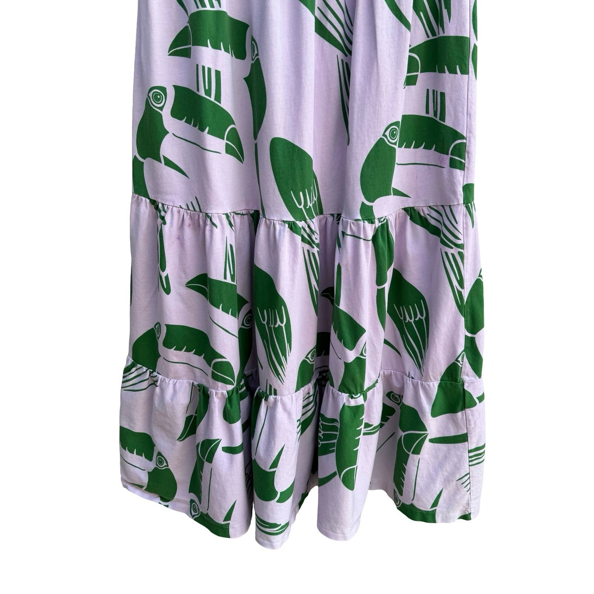 Farm Rio Toucan Rainbow Stripe Tropical Tiered Midi Dress Lavender Womens Size S