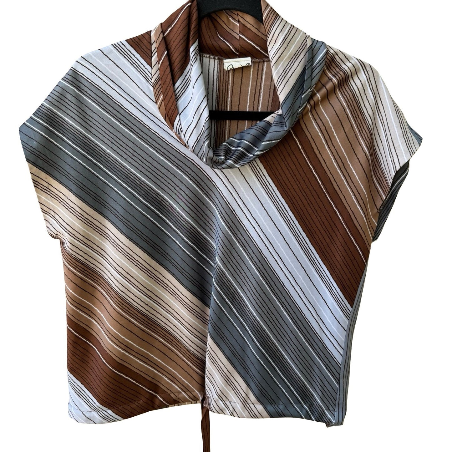 Rhoda Lee Vintage 70s Cowl Neck Mod Librarian Striped Blouse Brown Front Tie 12