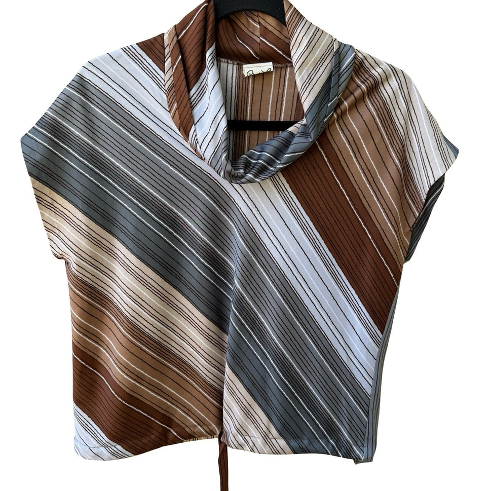 Rhoda Lee Vintage 70s Cowl Neck Mod Librarian Striped Blouse Brown Front Tie 12