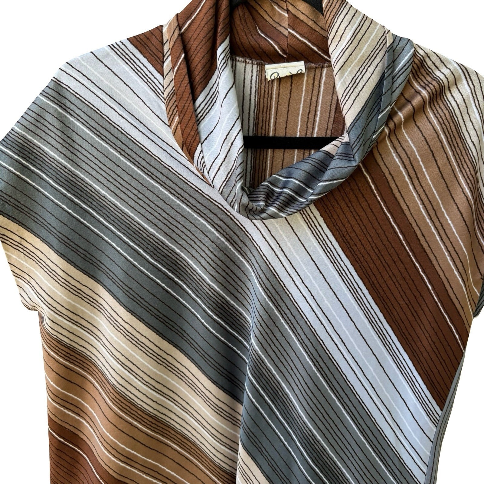 Rhoda Lee Vintage 70s Cowl Neck Mod Librarian Striped Blouse Brown Front Tie 12