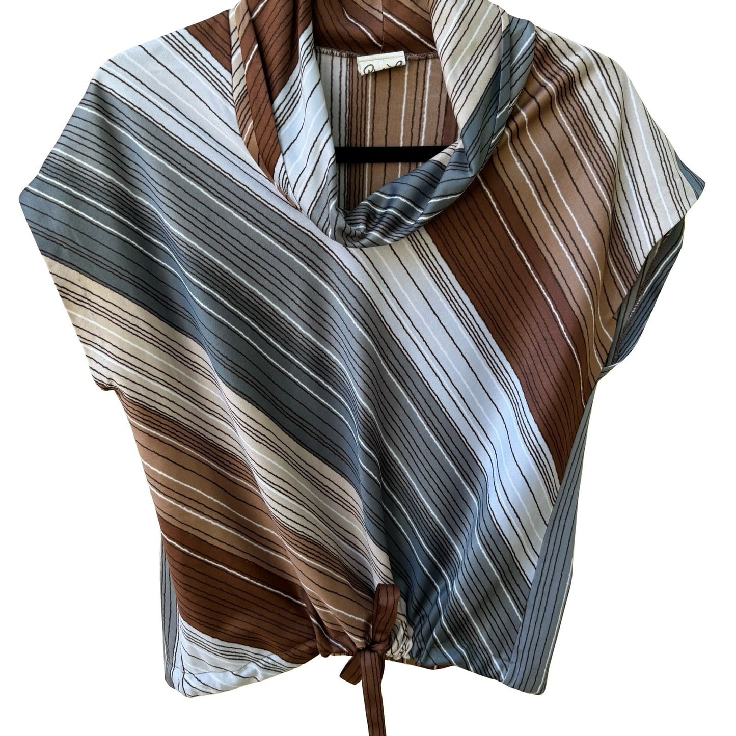 Rhoda Lee Vintage 70s Cowl Neck Mod Librarian Striped Blouse Brown Front Tie 12