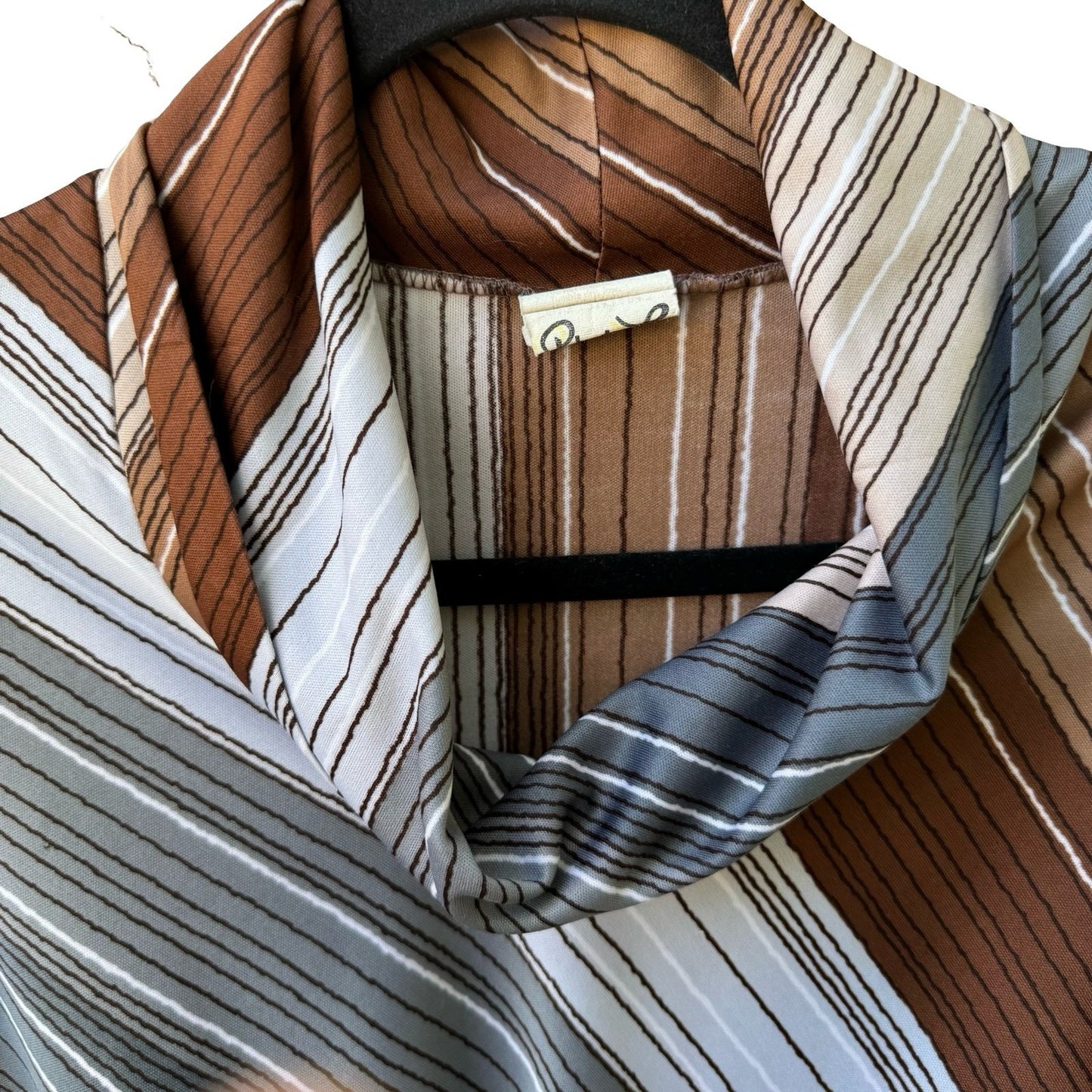 Rhoda Lee Vintage 70s Cowl Neck Mod Librarian Striped Blouse Brown Front Tie 12
