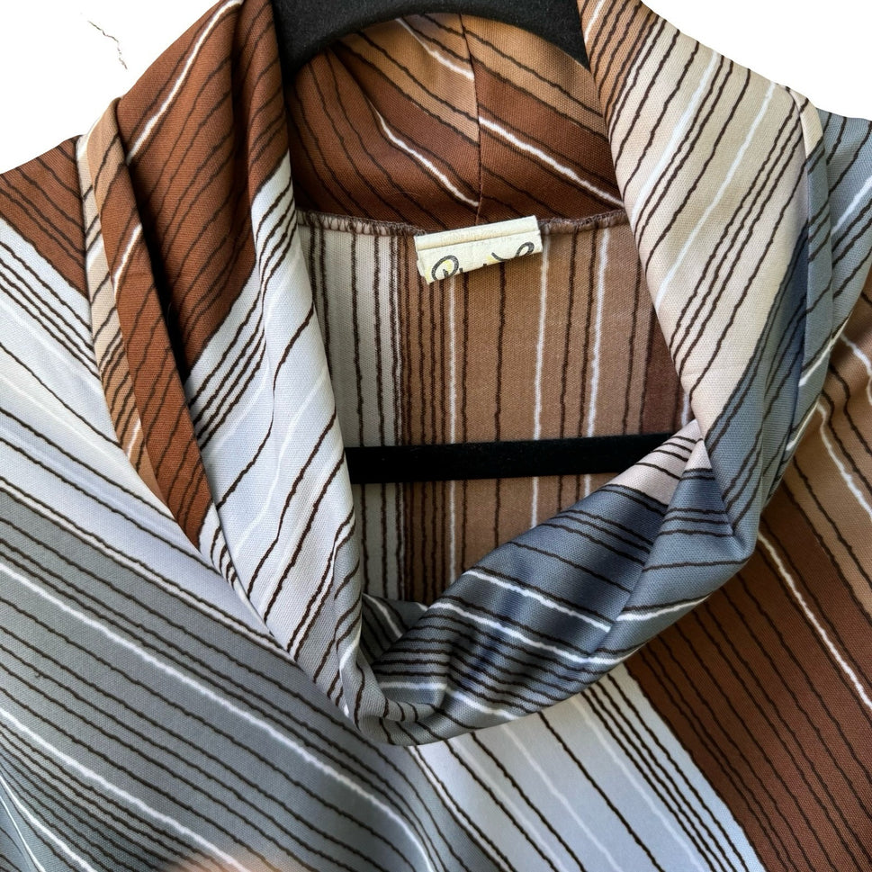 Rhoda Lee Vintage 70s Cowl Neck Mod Librarian Striped Blouse Brown Front Tie 12