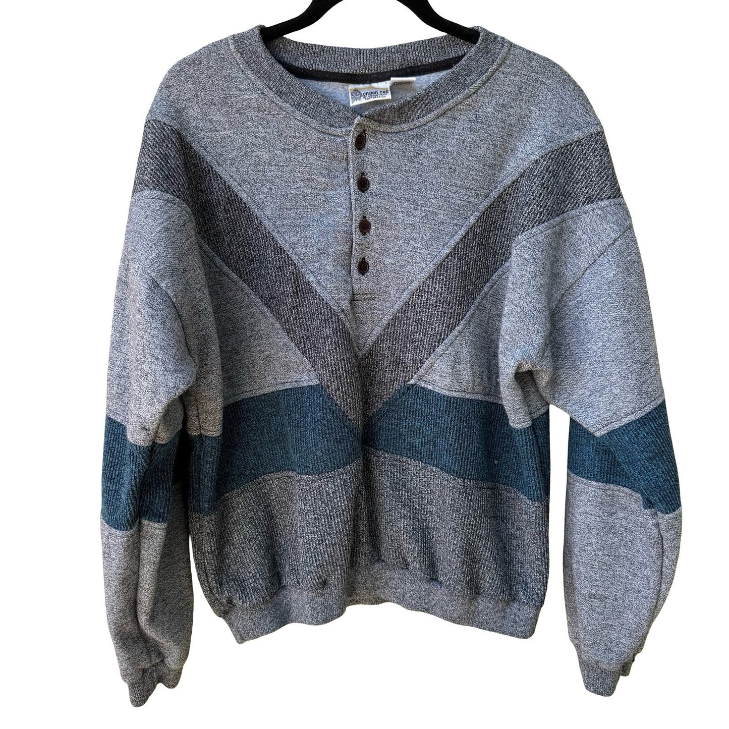London Fog Vintage 90s Chevron Henley Oversized Grandpa Sweatshirt Grey Mens L