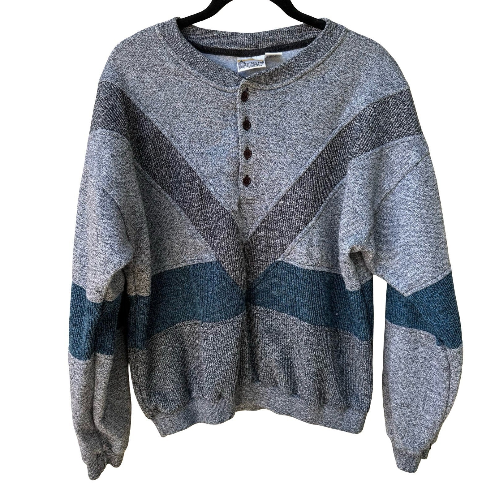 London Fog Vintage 90s Chevron Henley Oversized Grandpa Sweatshirt Grey Mens L