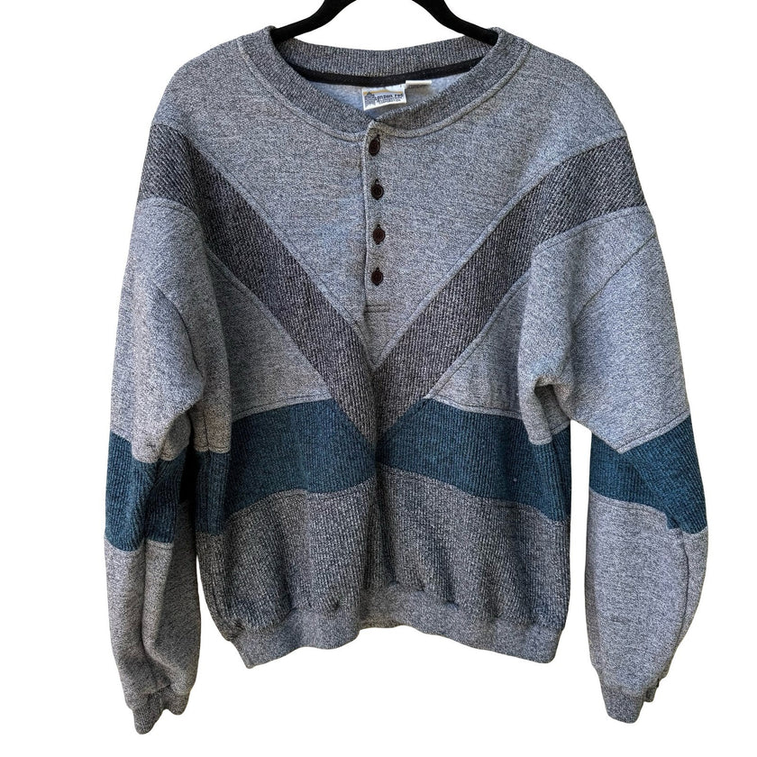 London Fog Vintage 90s Chevron Henley Oversized Grandpa Sweatshirt Grey Mens L