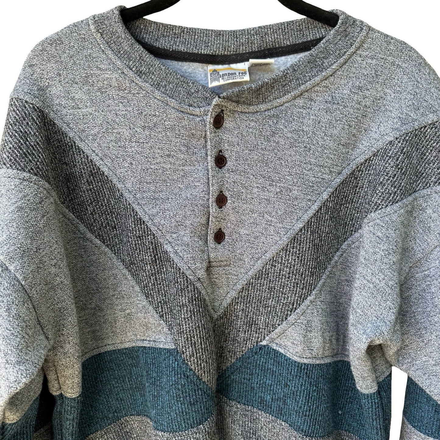 London Fog Vintage 90s Chevron Henley Oversized Grandpa Sweatshirt Grey Mens L