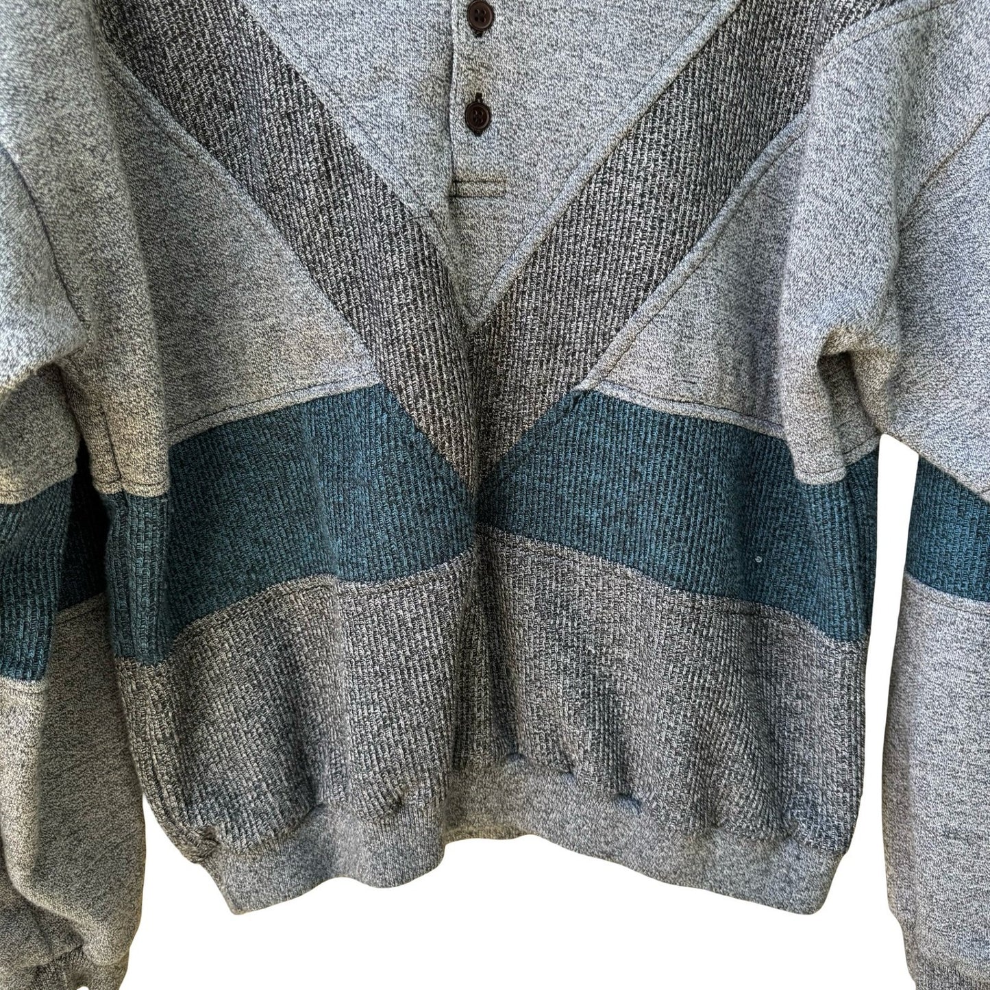 London Fog Vintage 90s Chevron Henley Oversized Grandpa Sweatshirt Grey Mens L