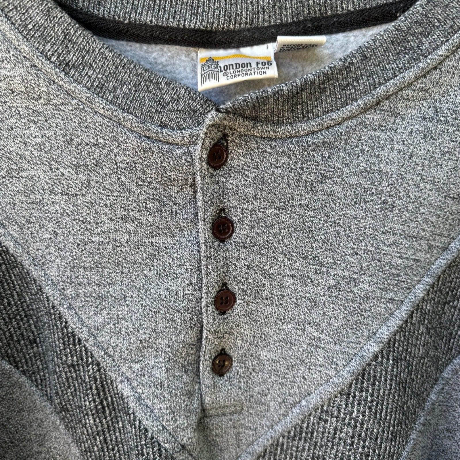 London Fog Vintage 90s Chevron Henley Oversized Grandpa Sweatshirt Grey Mens L