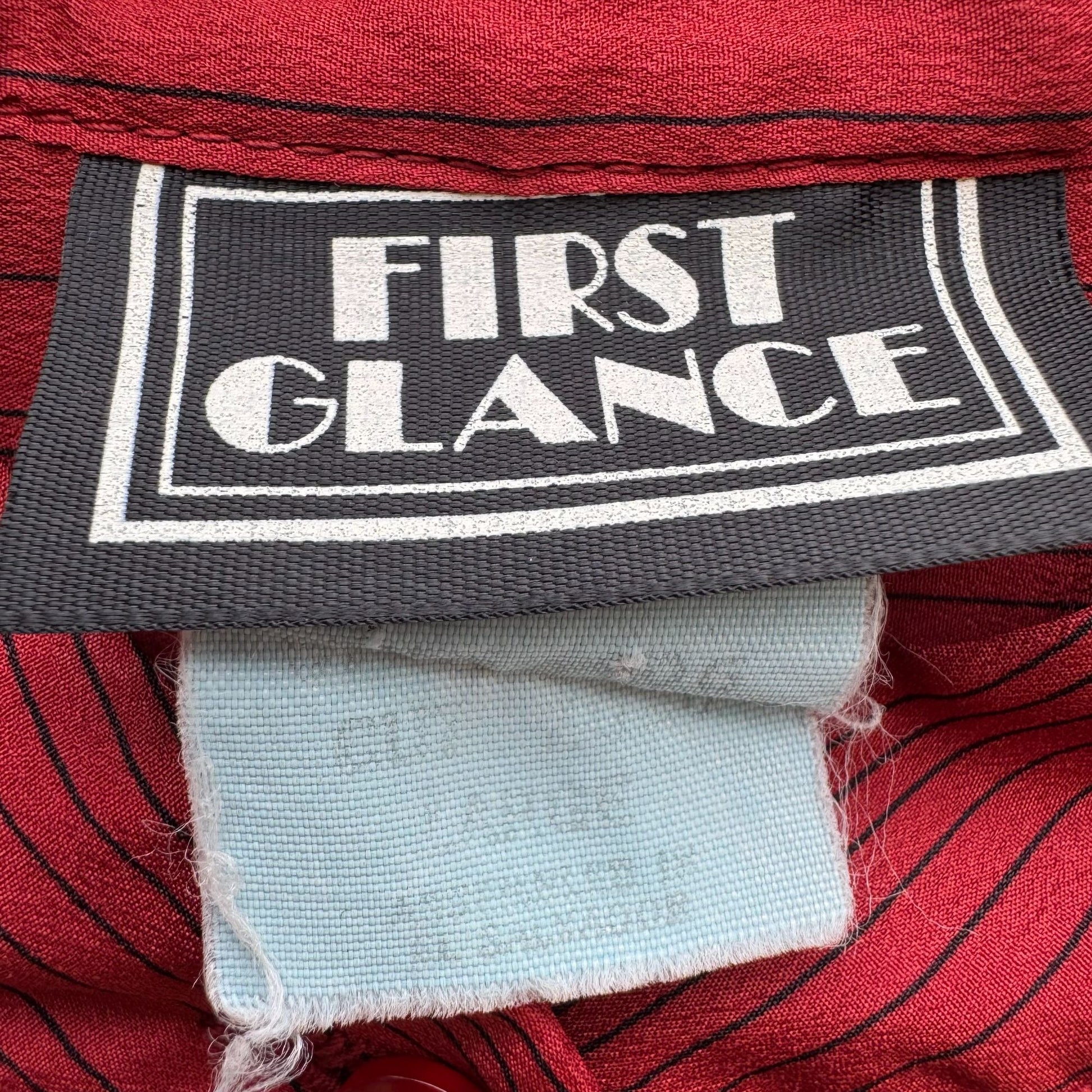 First Glance Vintage Rust Red Pinstriped Button-Up Shirt Mandarin Collar Ruched