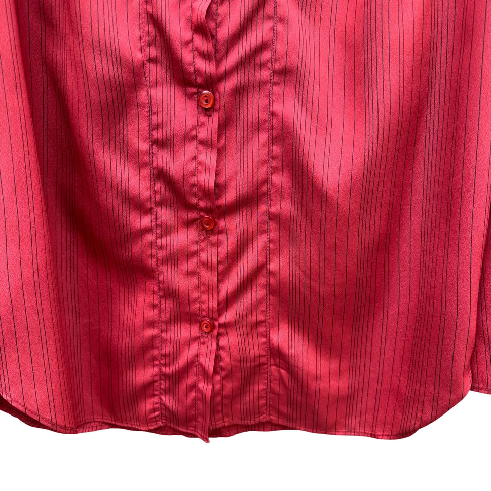 First Glance Vintage Rust Red Pinstriped Button-Up Shirt Mandarin Collar Ruched