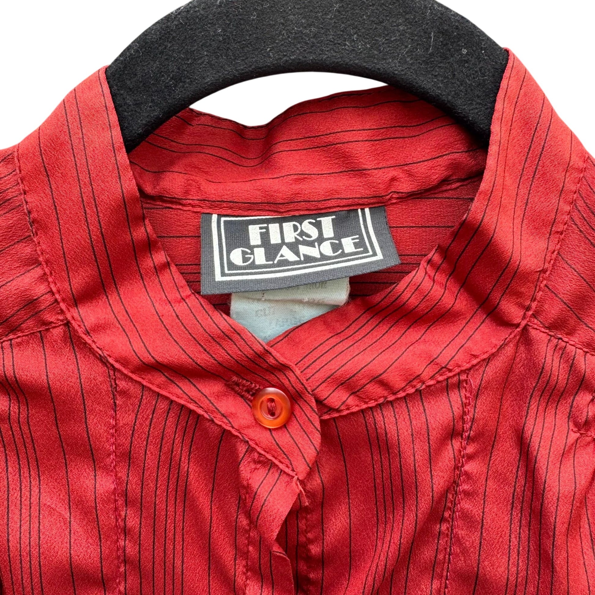 First Glance Vintage Rust Red Pinstriped Button-Up Shirt Mandarin Collar Ruched