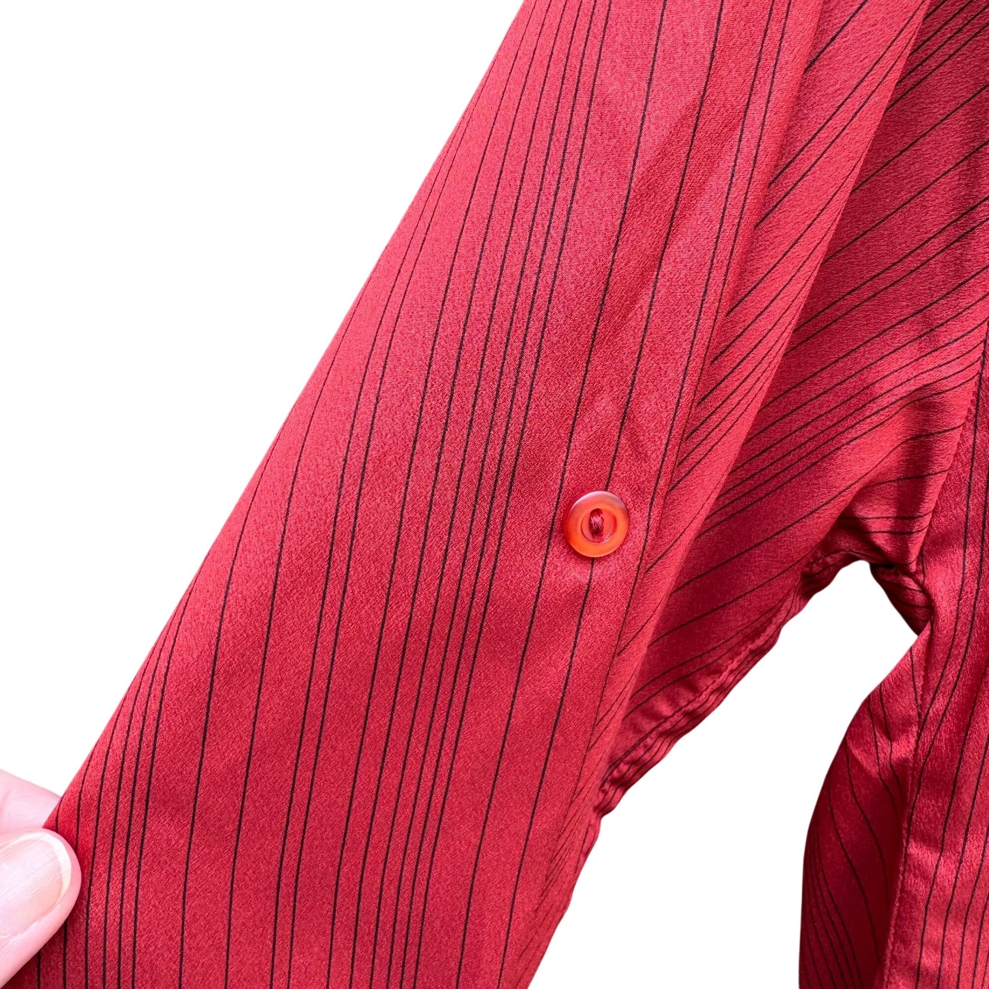 First Glance Vintage Rust Red Pinstriped Button-Up Shirt Mandarin Collar Ruched