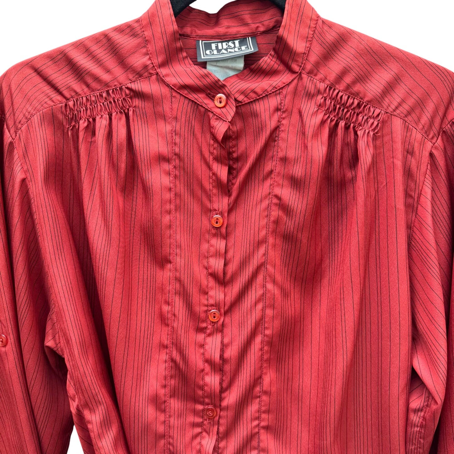 First Glance Vintage Rust Red Pinstriped Button-Up Shirt Mandarin Collar Ruched