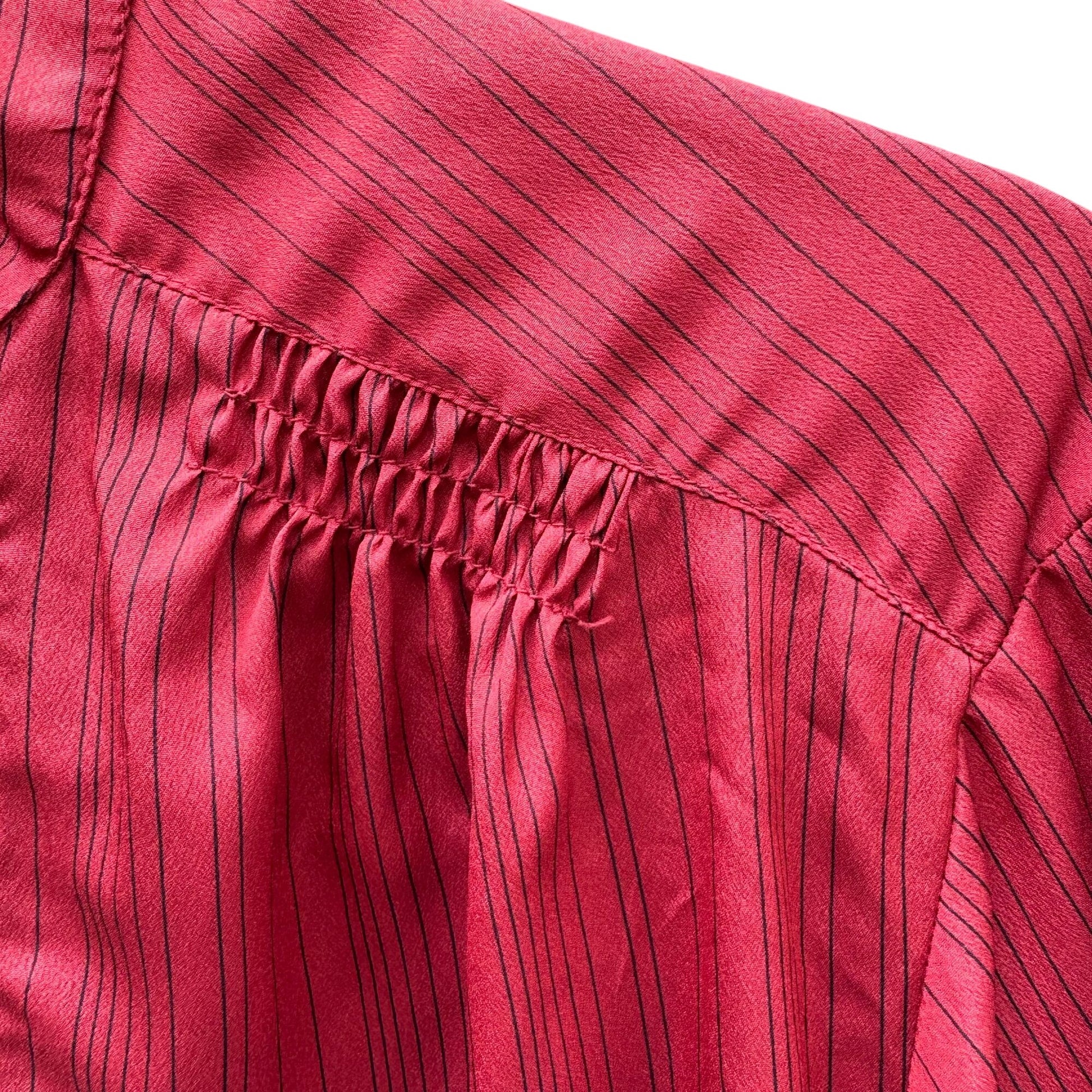 First Glance Vintage Rust Red Pinstriped Button-Up Shirt Mandarin Collar Ruched