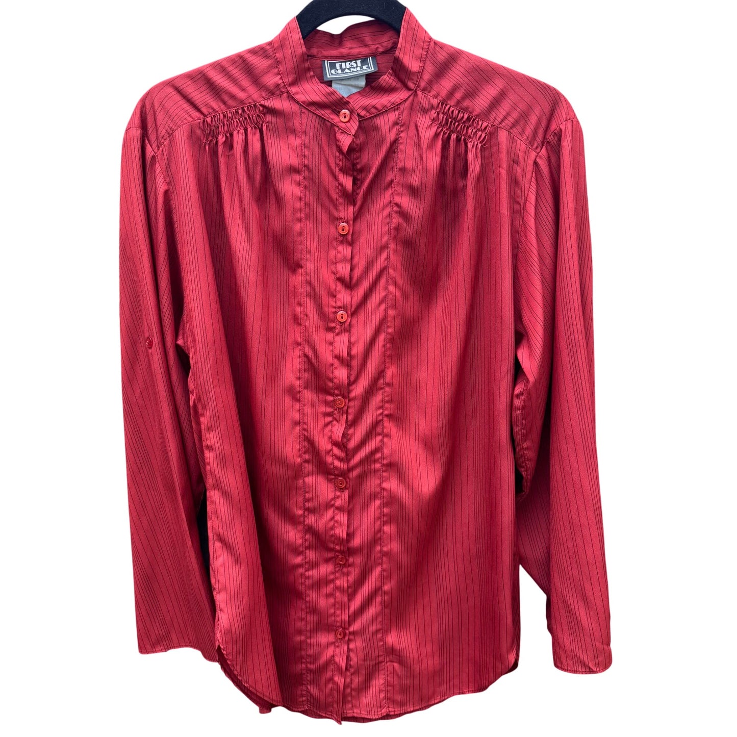 First Glance Vintage Rust Red Pinstriped Button-Up Shirt Mandarin Collar Ruched
