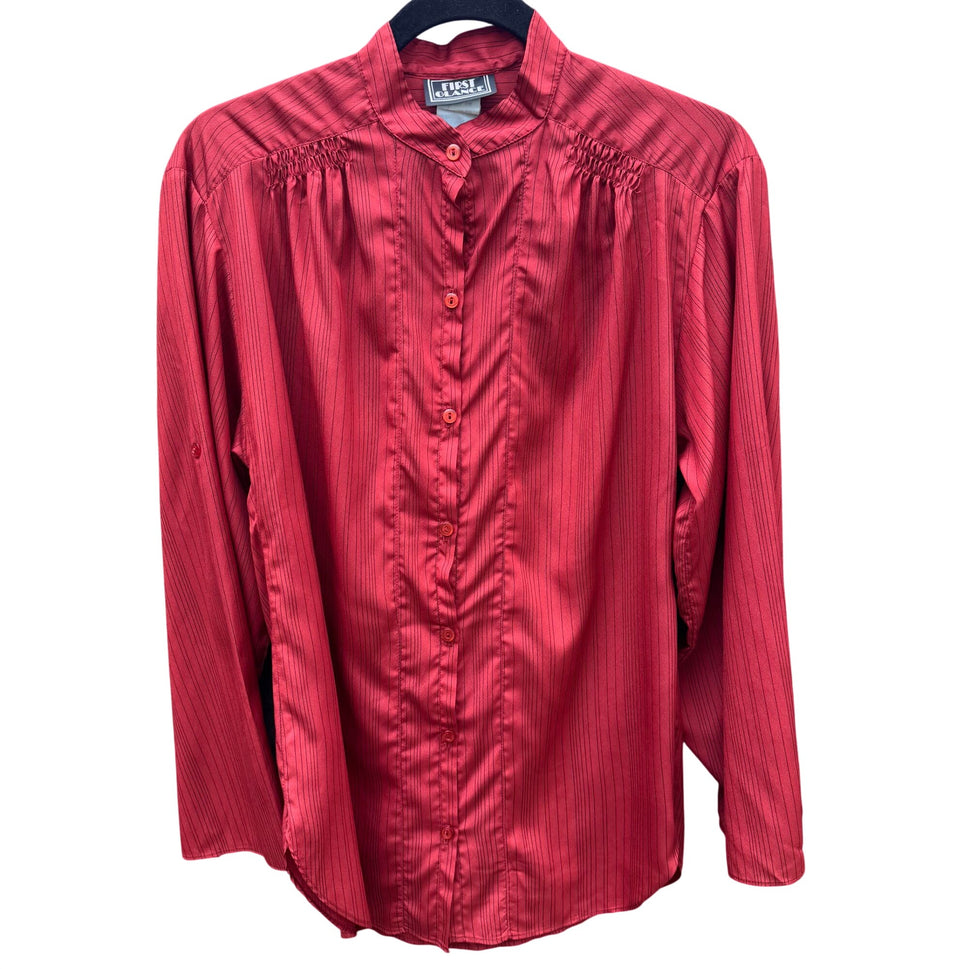 First Glance Vintage Rust Red Pinstriped Button-Up Shirt Mandarin Collar Ruched