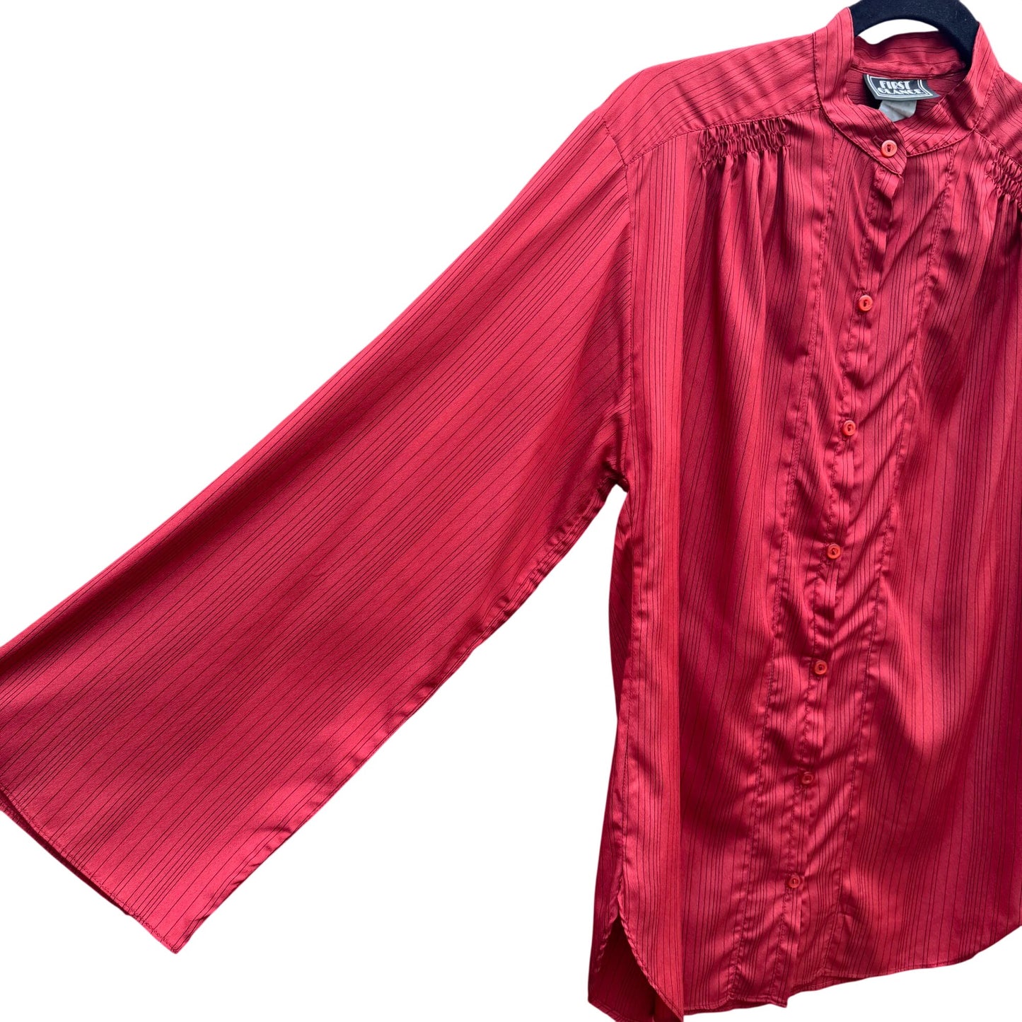 First Glance Vintage Rust Red Pinstriped Button-Up Shirt Mandarin Collar Ruched