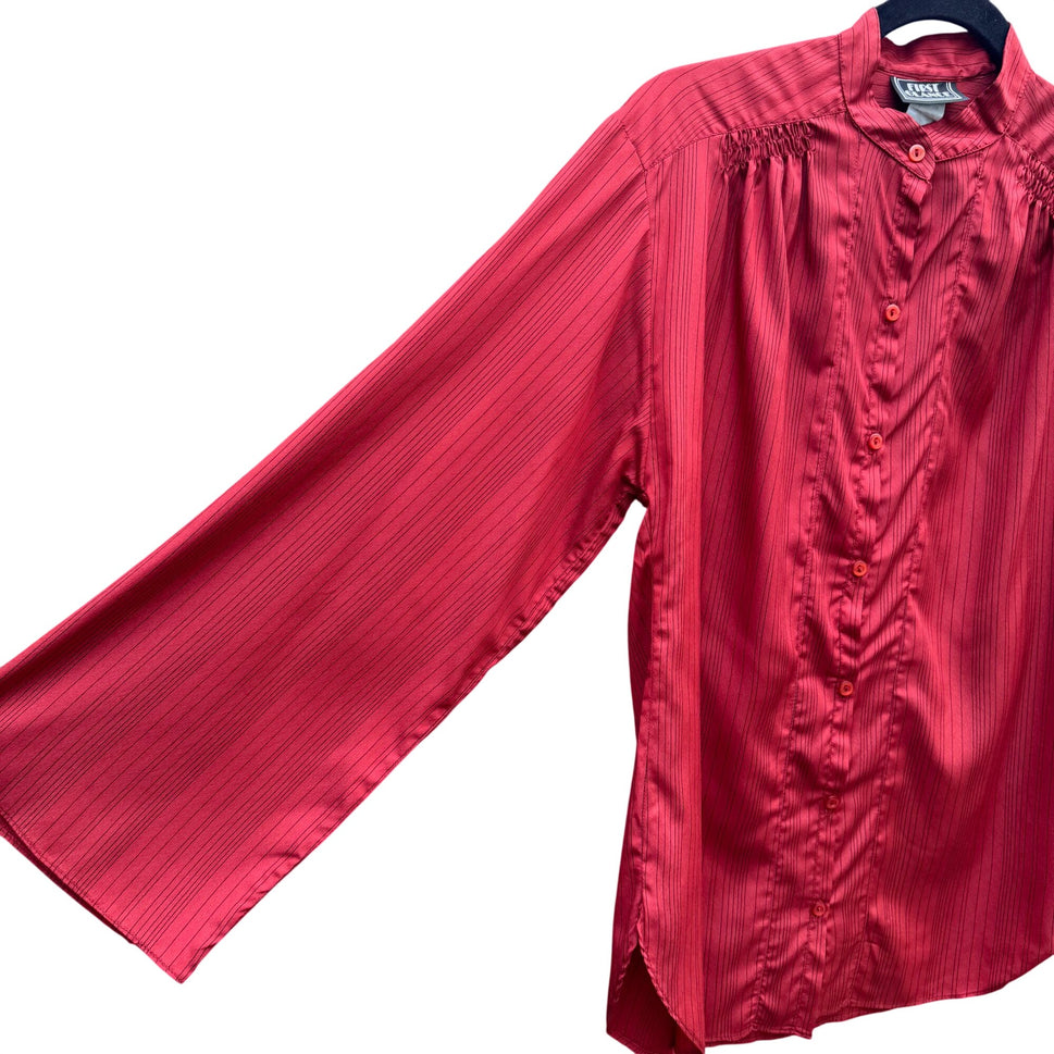 First Glance Vintage Rust Red Pinstriped Button-Up Shirt Mandarin Collar Ruched