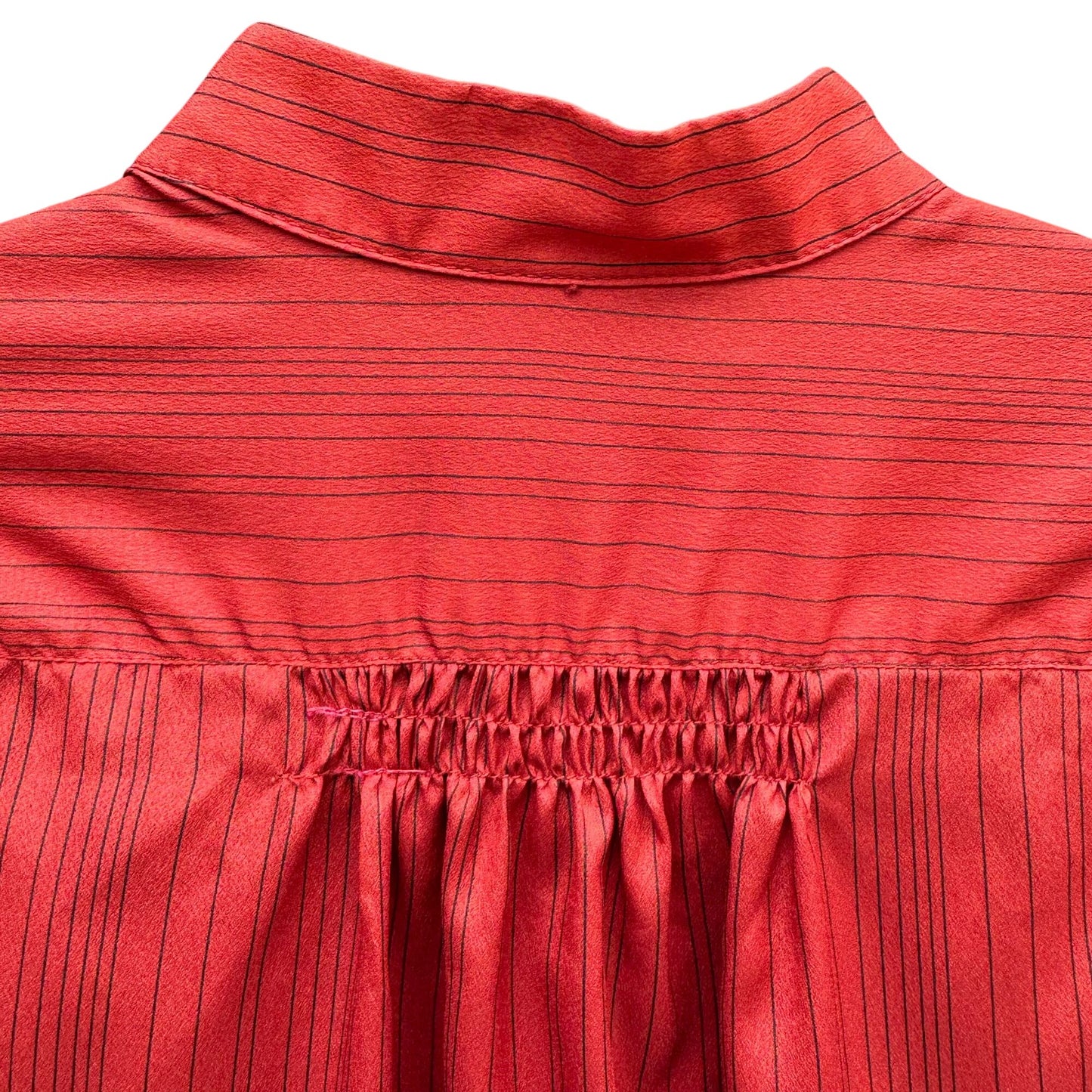 First Glance Vintage Rust Red Pinstriped Button-Up Shirt Mandarin Collar Ruched