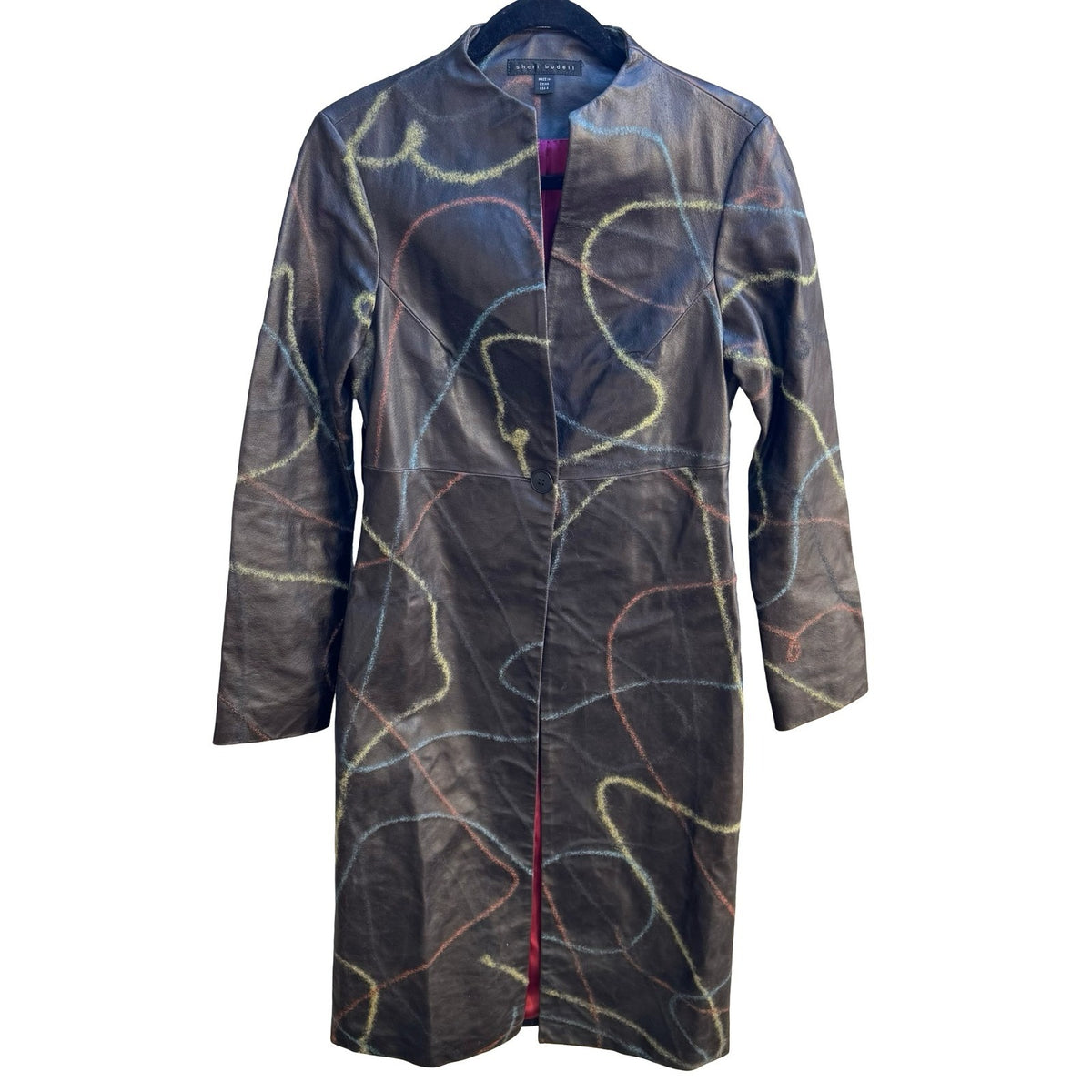 Sheri Bodell Y2K Avant Garde Abstract Embroidered Leather Trench Coat Brown 4