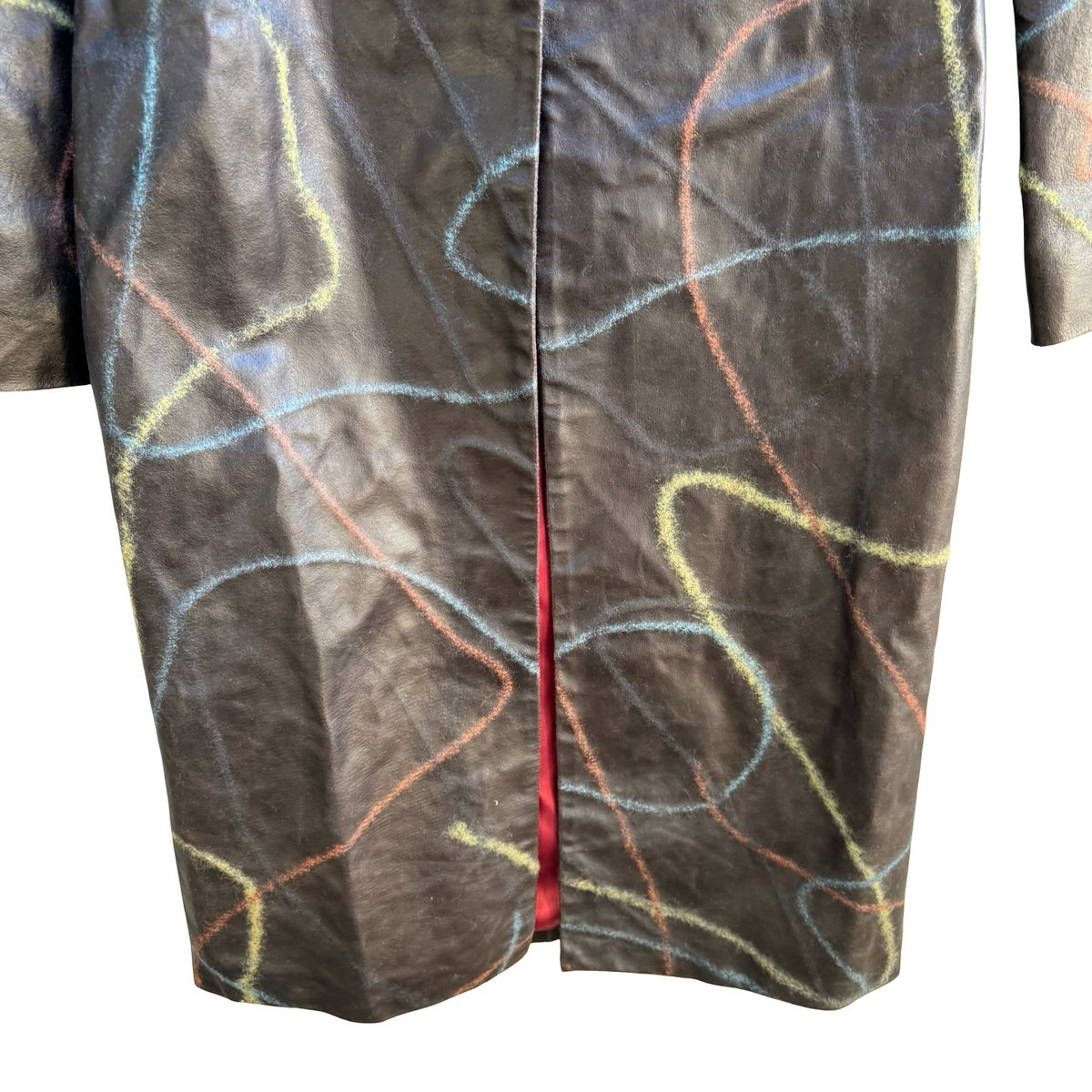 Sheri Bodell Y2K Avant Garde Abstract Embroidered Leather Trench Coat Brown 4