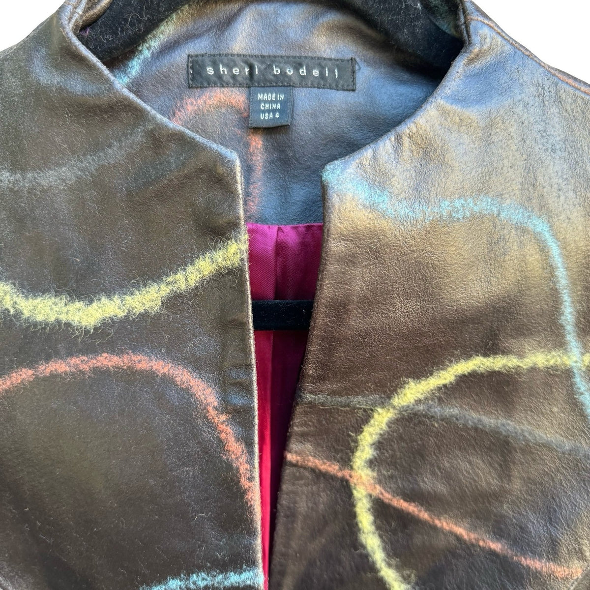 Sheri Bodell Y2K Avant Garde Abstract Embroidered Leather Trench Coat Brown 4