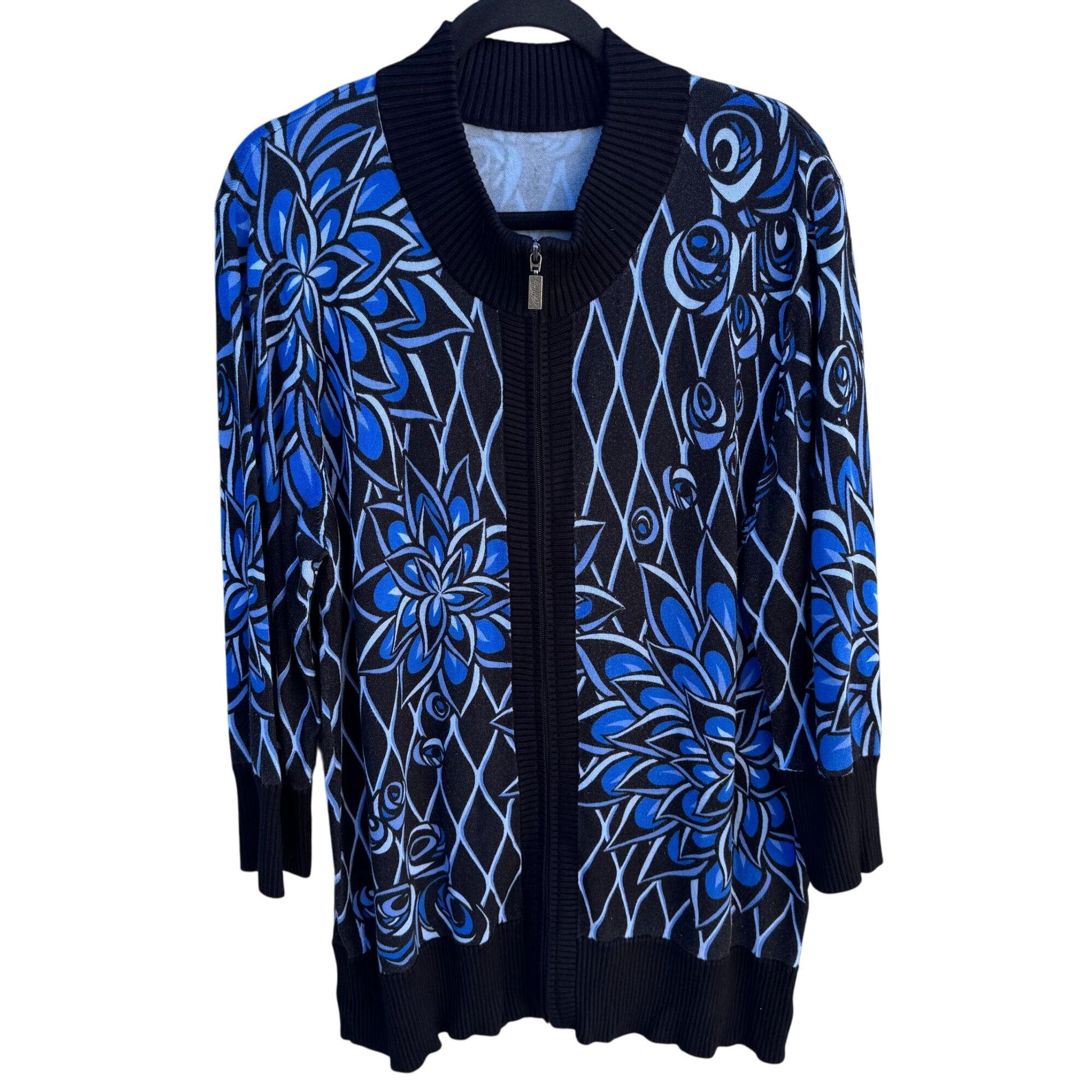 Bob Mackie Vintage Womens Floral Black/Blue Knit 3/4 Sleeve Cardigan Sweater M