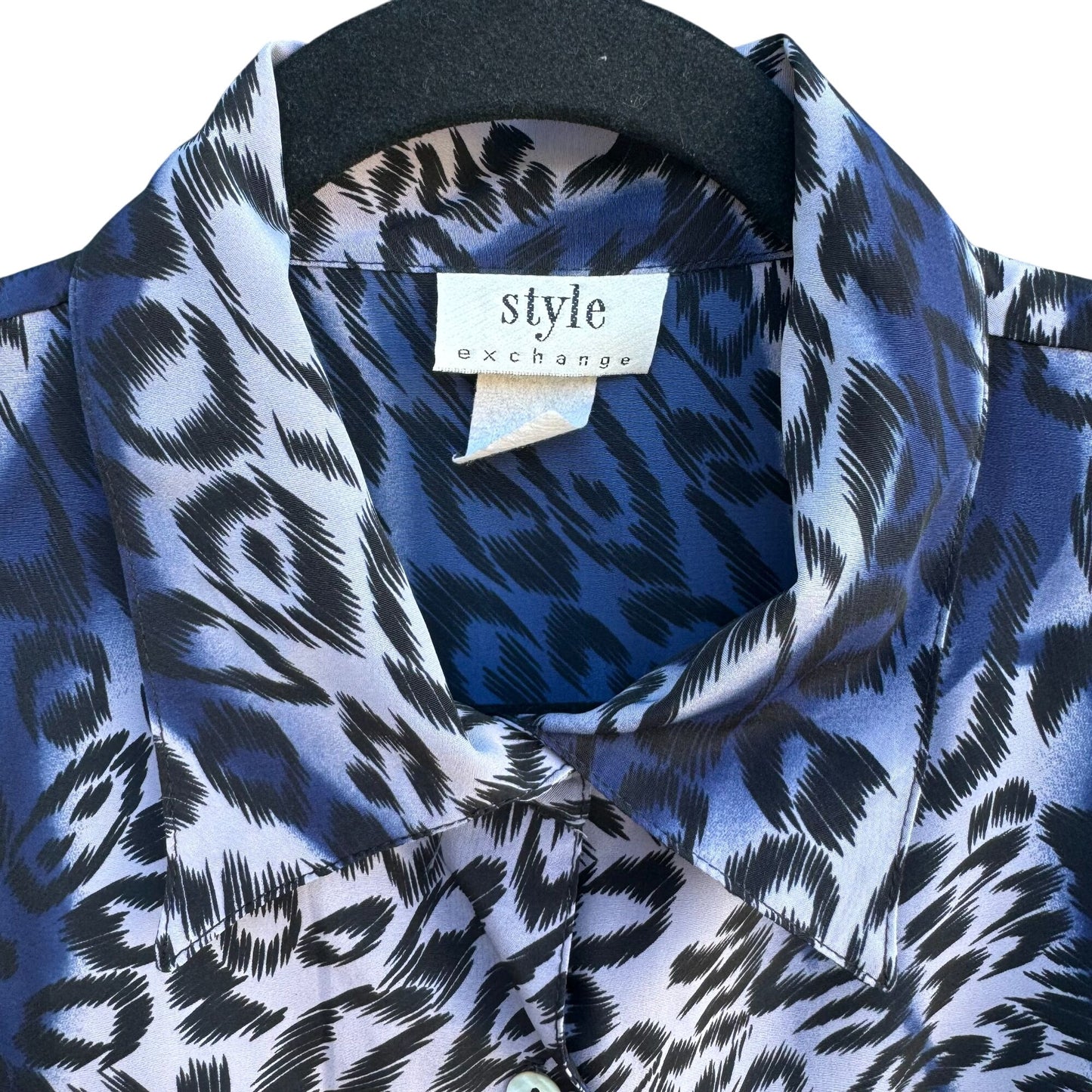 Style Exchange Vintage 90s Womens Blue Black Leopard Print Button-Down Blouse M