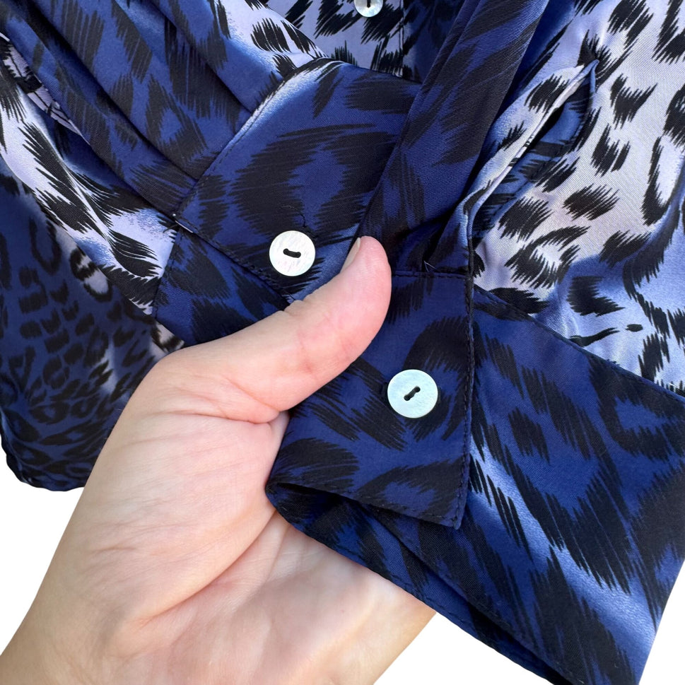 Style Exchange Vintage 90s Womens Blue Black Leopard Print Button-Down Blouse M