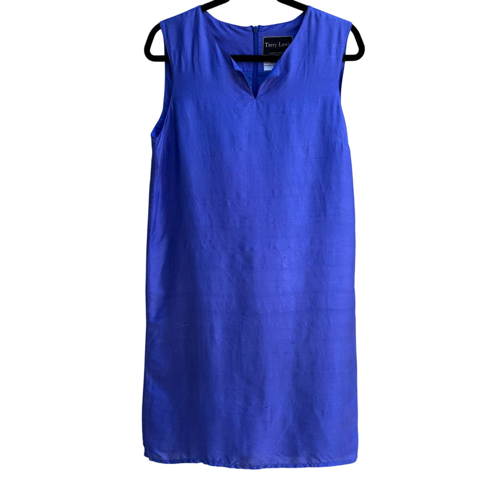 Terry Lewis Classic Luxuries Womens Royal Blue Silk Sleeveless Shift Dress S