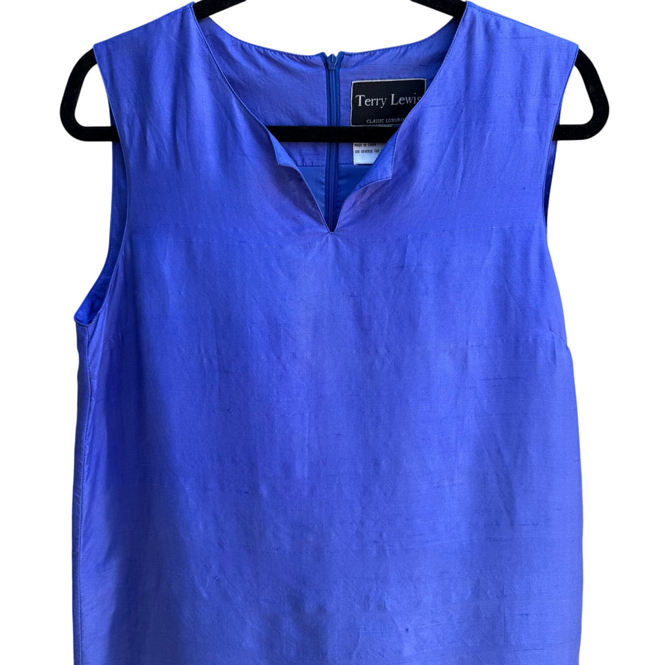 Terry Lewis Classic Luxuries Womens Royal Blue Silk Sleeveless Shift Dress S