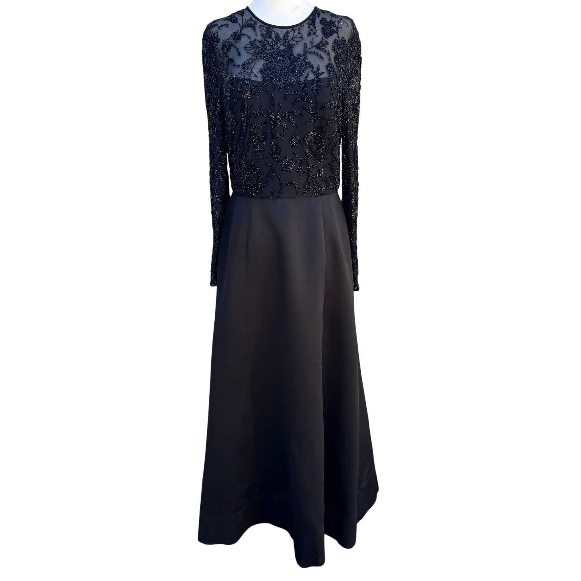 Oleg Cassini Black Tie Vintage Black Beaded Evening Gown Sheer Floral Dress