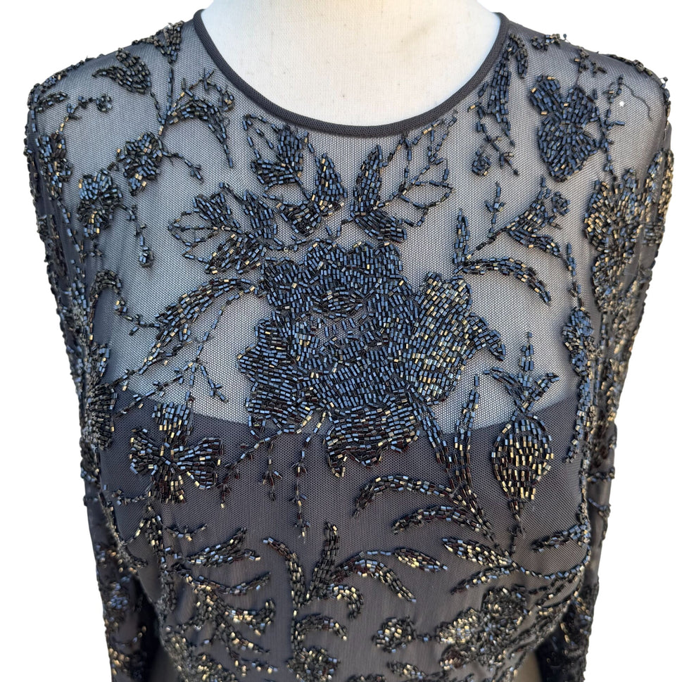 Oleg Cassini Black Tie Vintage Black Beaded Evening Gown Sheer Floral Dress