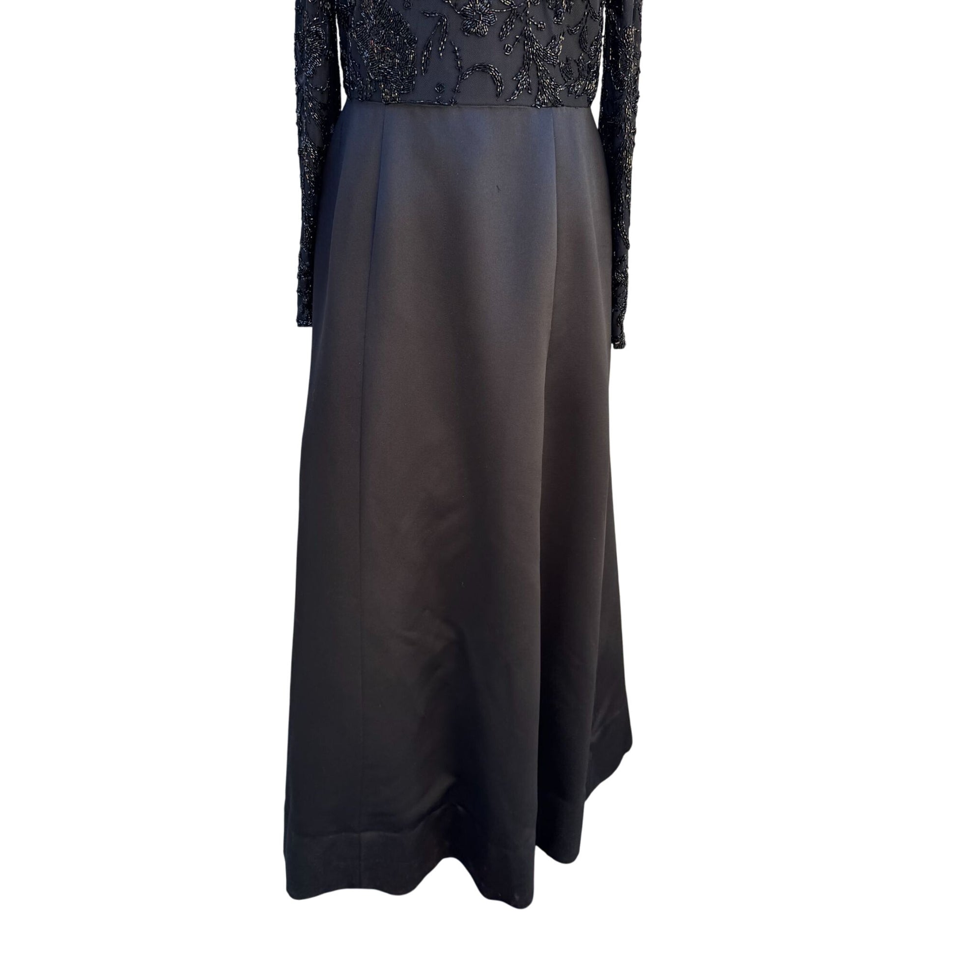 Oleg Cassini Black Tie Vintage Black Beaded Evening Gown Sheer Floral Dress