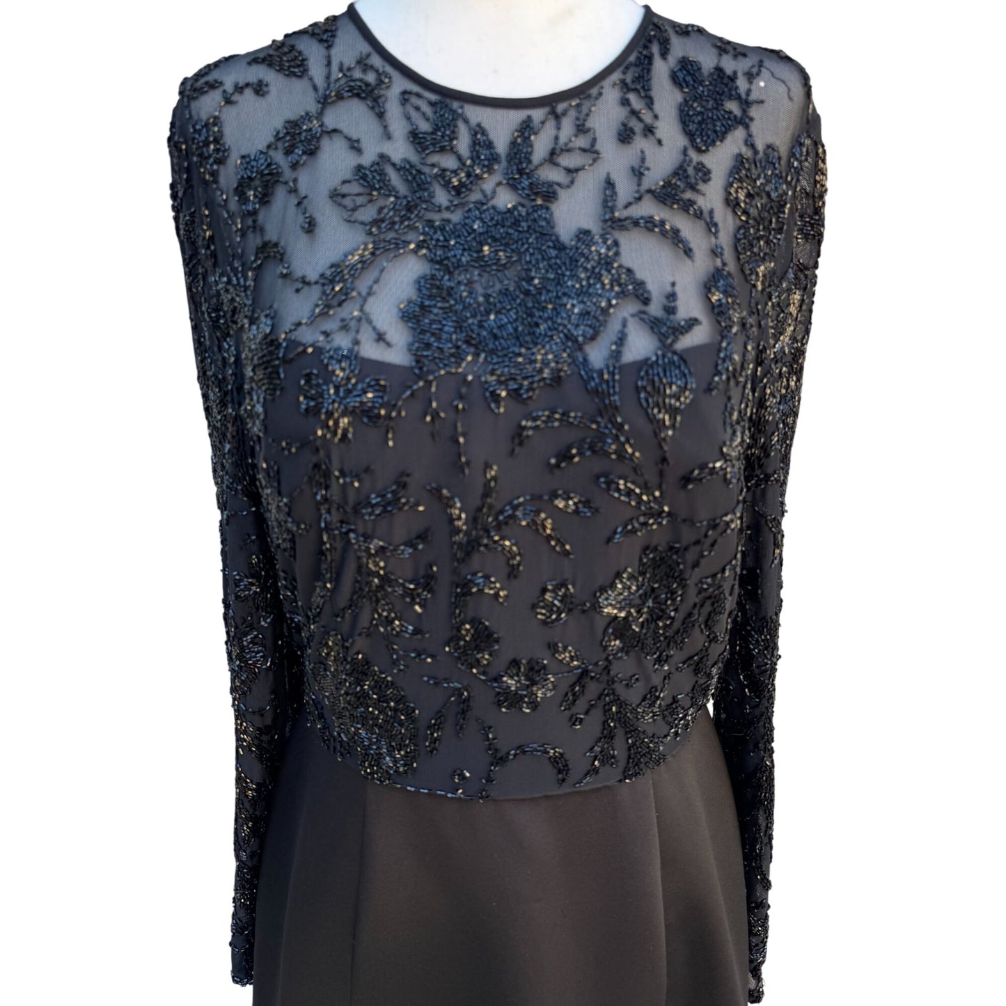 Oleg Cassini Black Tie Vintage Black Beaded Evening Gown Sheer Floral Dress