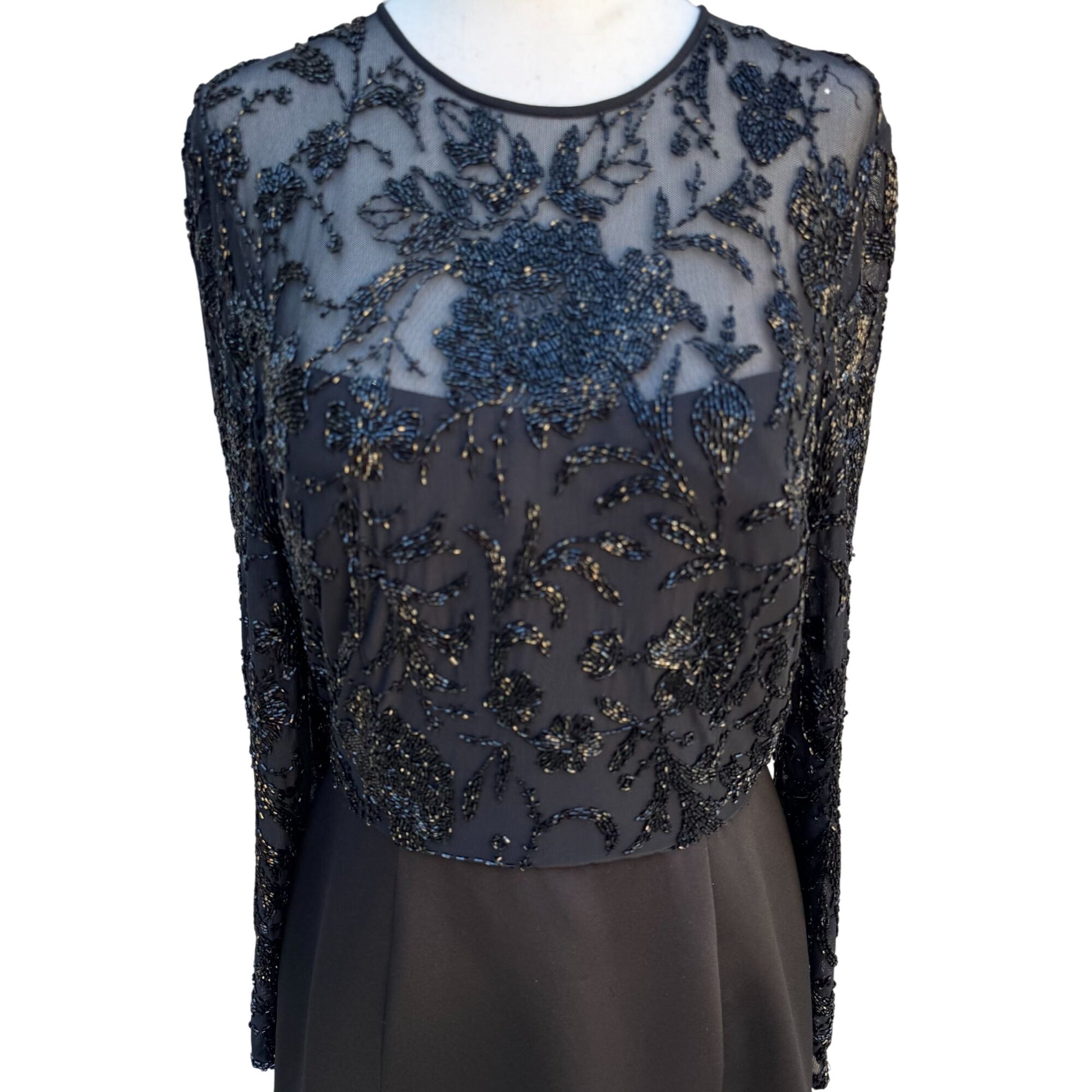 Oleg Cassini Black Tie Vintage Black Beaded Evening Gown Sheer Floral Dress