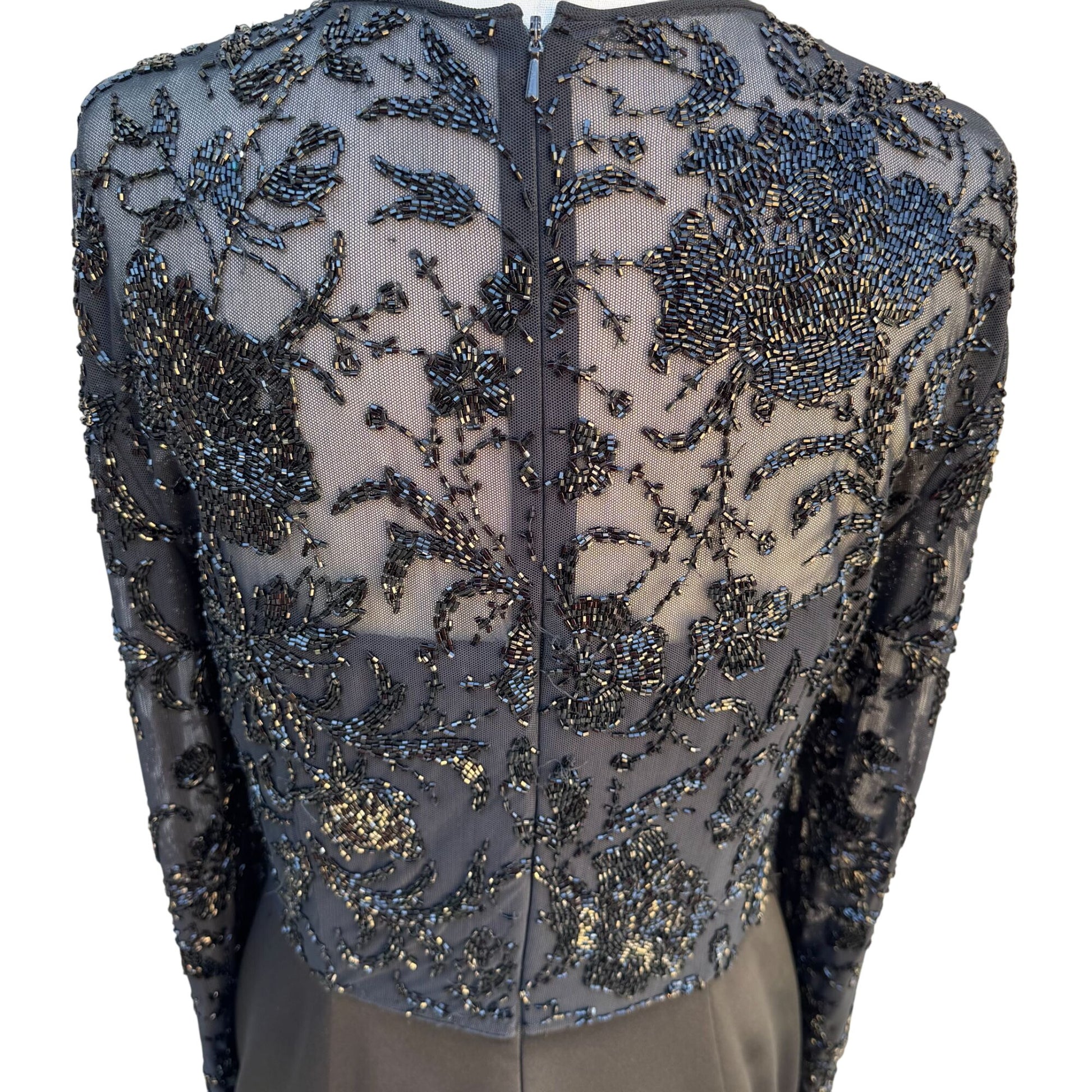 Oleg Cassini Black Tie Vintage Black Beaded Evening Gown Sheer Floral Dress