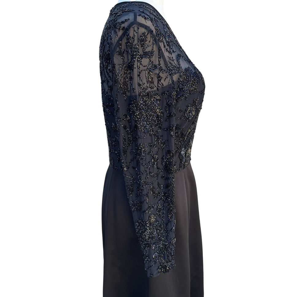Oleg Cassini Black Tie Vintage Black Beaded Evening Gown Sheer Floral Dress