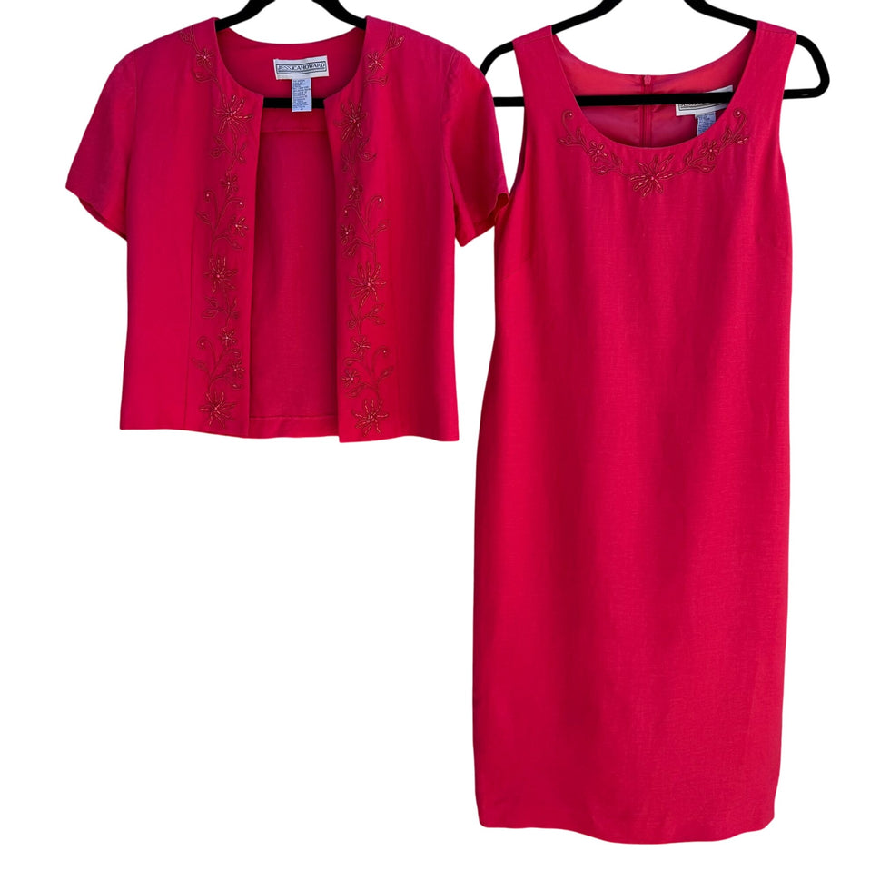 JESSICA HOWARD Womens Pink Linen Blend Floral Beaded Embroidery Dress Jacket Set 6