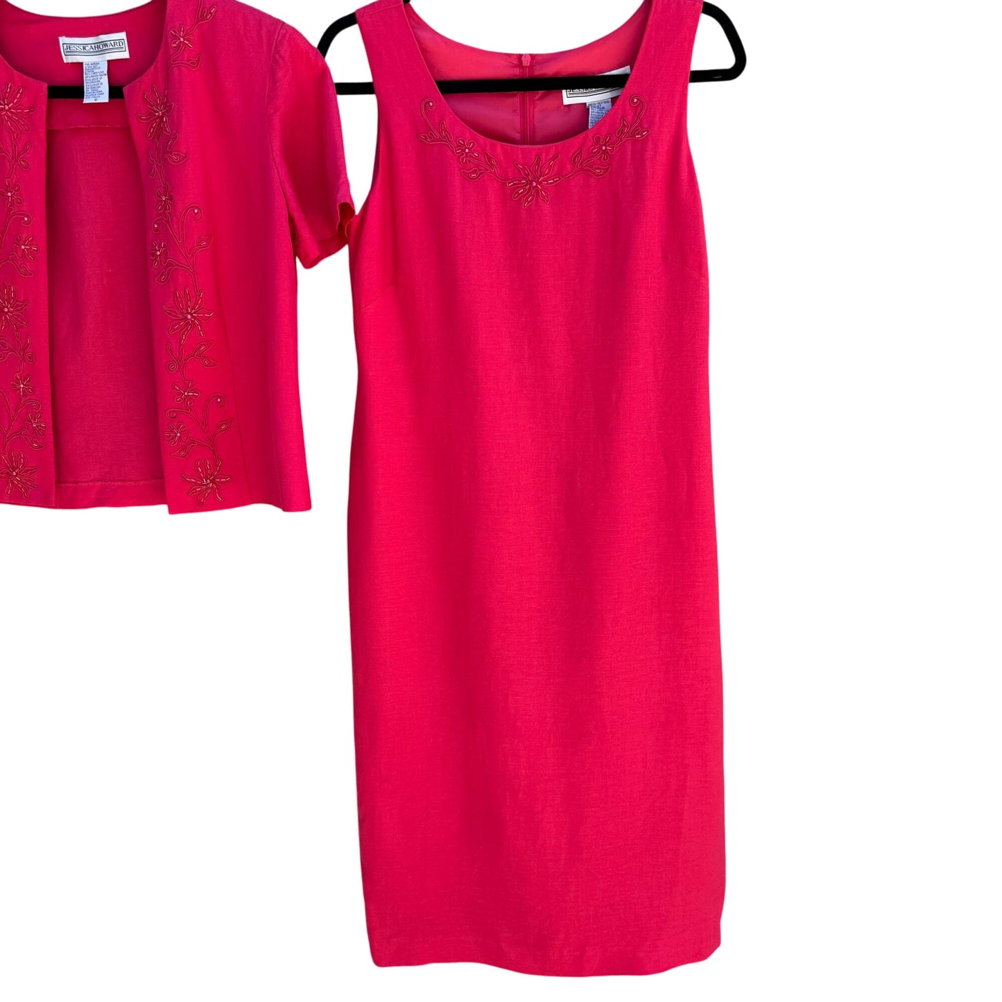 JESSICA HOWARD Womens Pink Linen Blend Floral Beaded Embroidery Dress Jacket Set 6