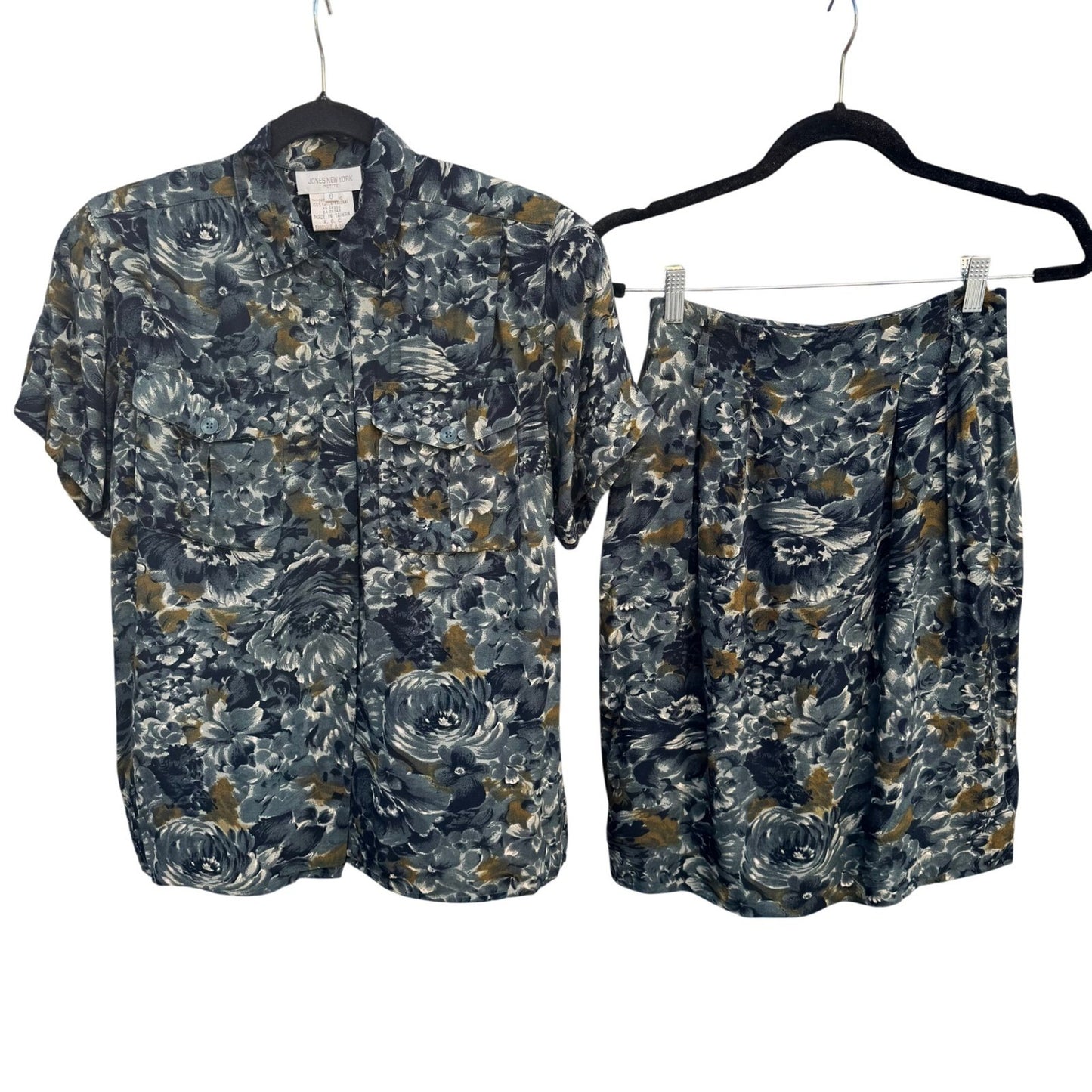 Jones New York Vintage 90s 2 Piece Set Floral Shirt Pleated Skirt Blue Grey 6P