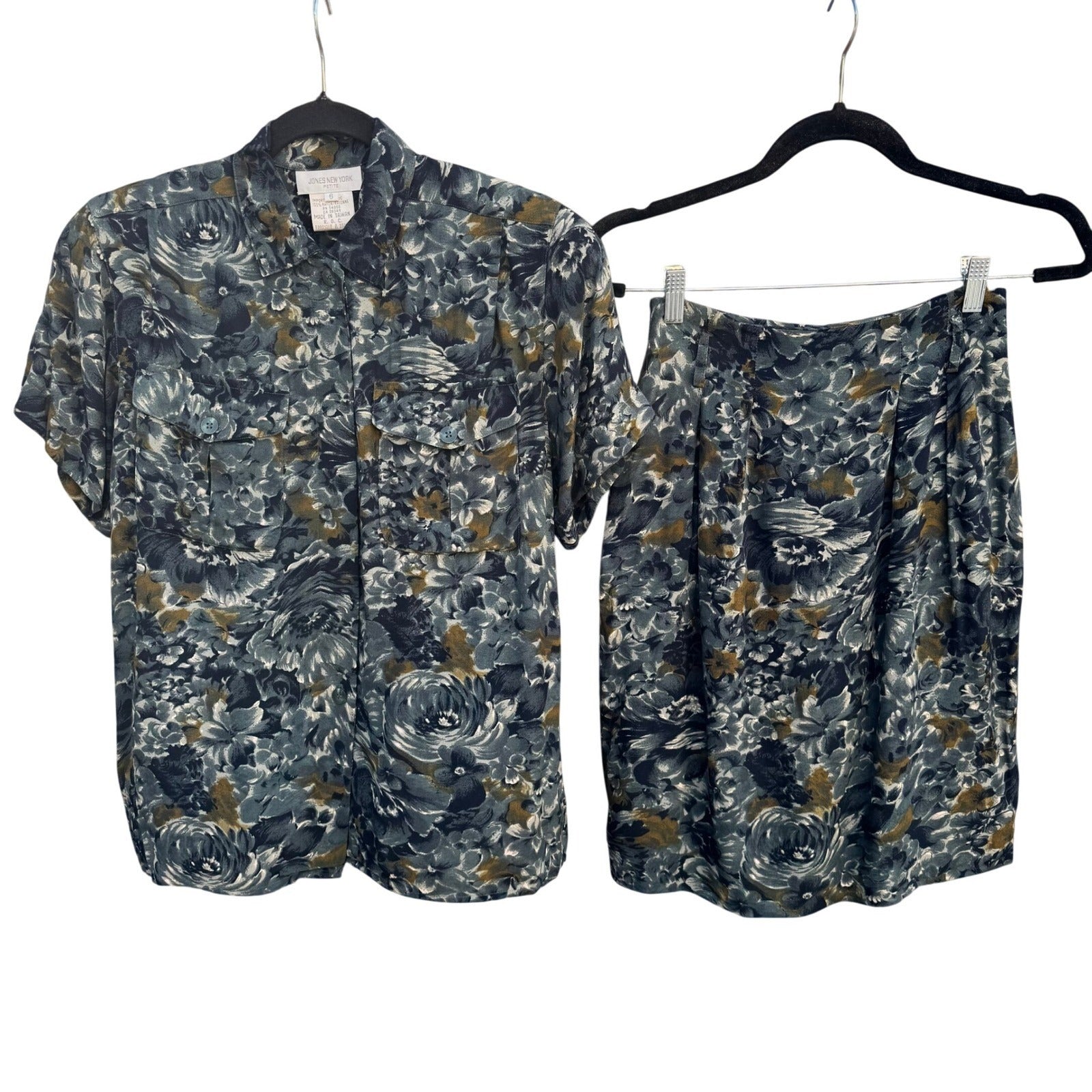 Jones New York Vintage 90s 2 Piece Set Floral Shirt Pleated Skirt Blue Grey 6P