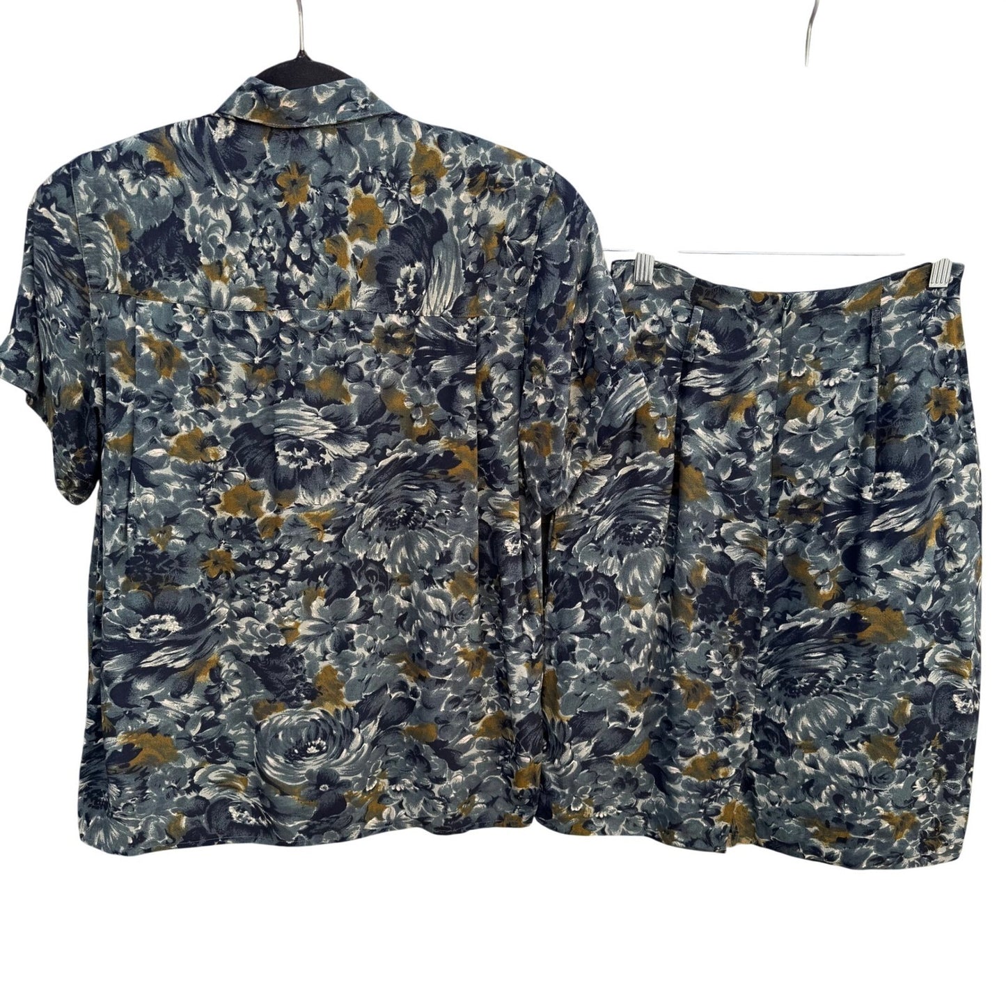 Jones New York Vintage 90s 2 Piece Set Floral Shirt Pleated Skirt Blue Grey 6P