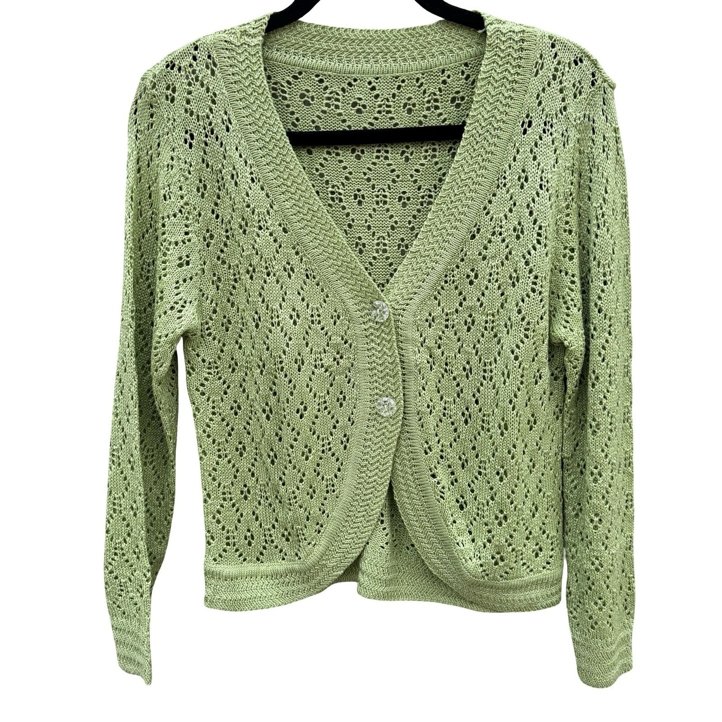 Vintage Sage Green Pointelle Open Knit Cardigan V-Neck Button Shrug Cottage Boho