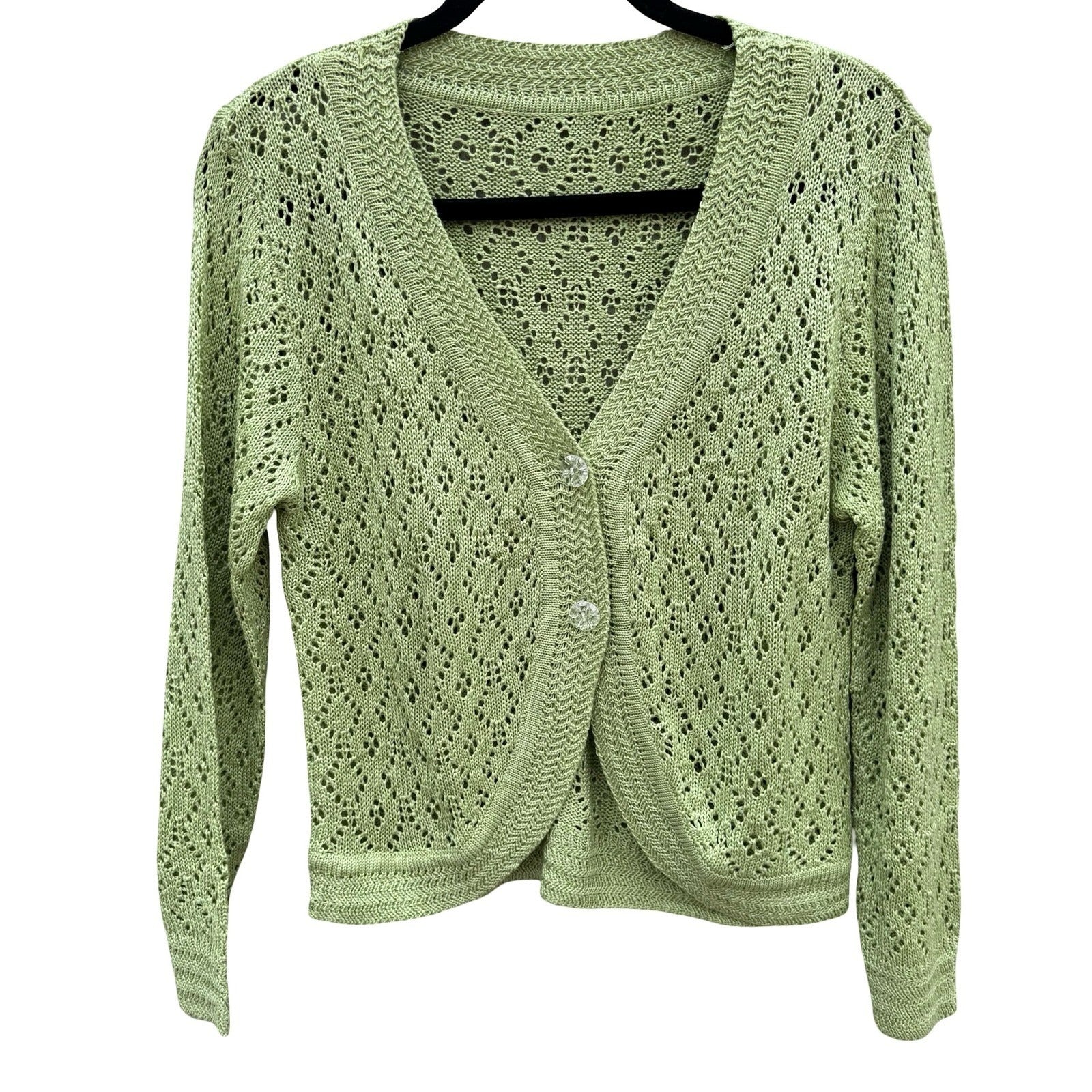 Vintage Sage Green Pointelle Open Knit Cardigan V-Neck Button Shrug Cottage Boho