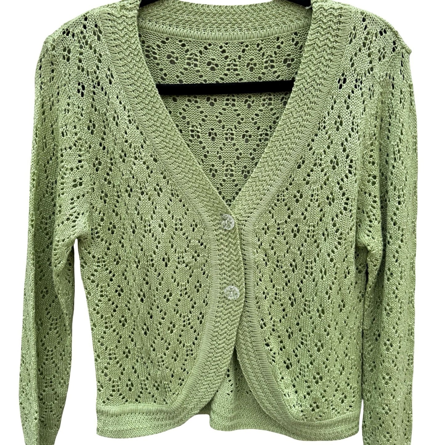 Vintage Sage Green Pointelle Open Knit Cardigan V-Neck Button Shrug Cottage Boho