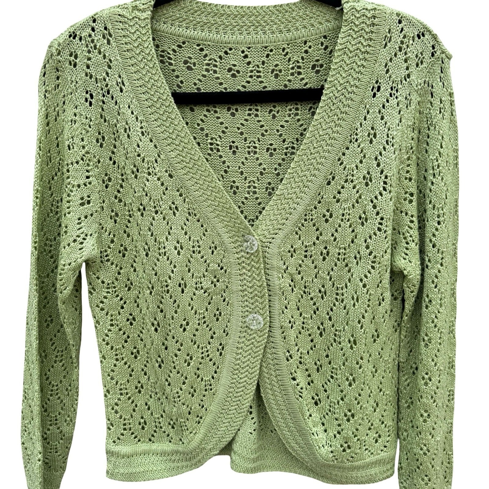 Vintage Sage Green Pointelle Open Knit Cardigan V-Neck Button Shrug Cottage Boho