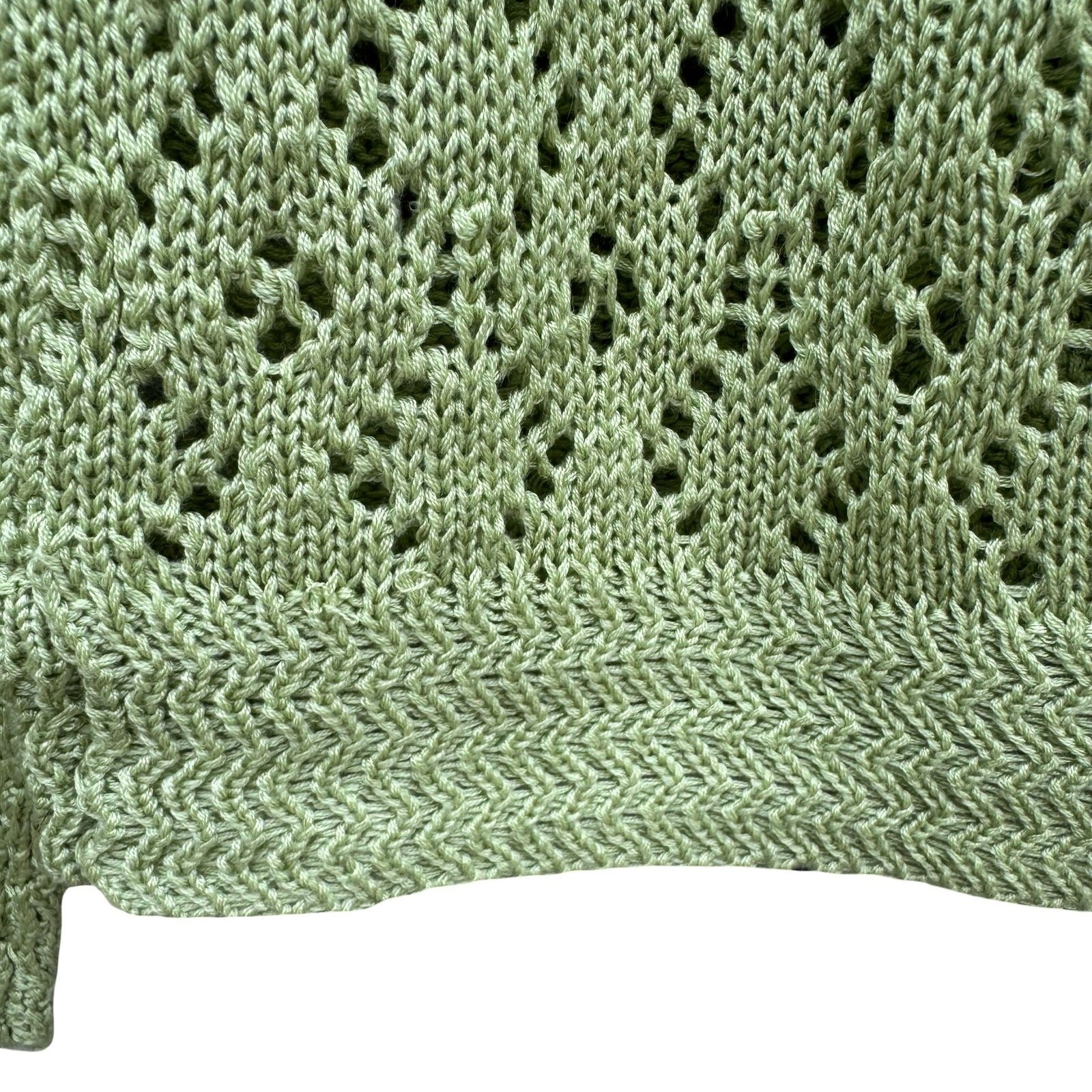 Vintage Sage Green Pointelle Open Knit Cardigan V-Neck Button Shrug Cottage Boho